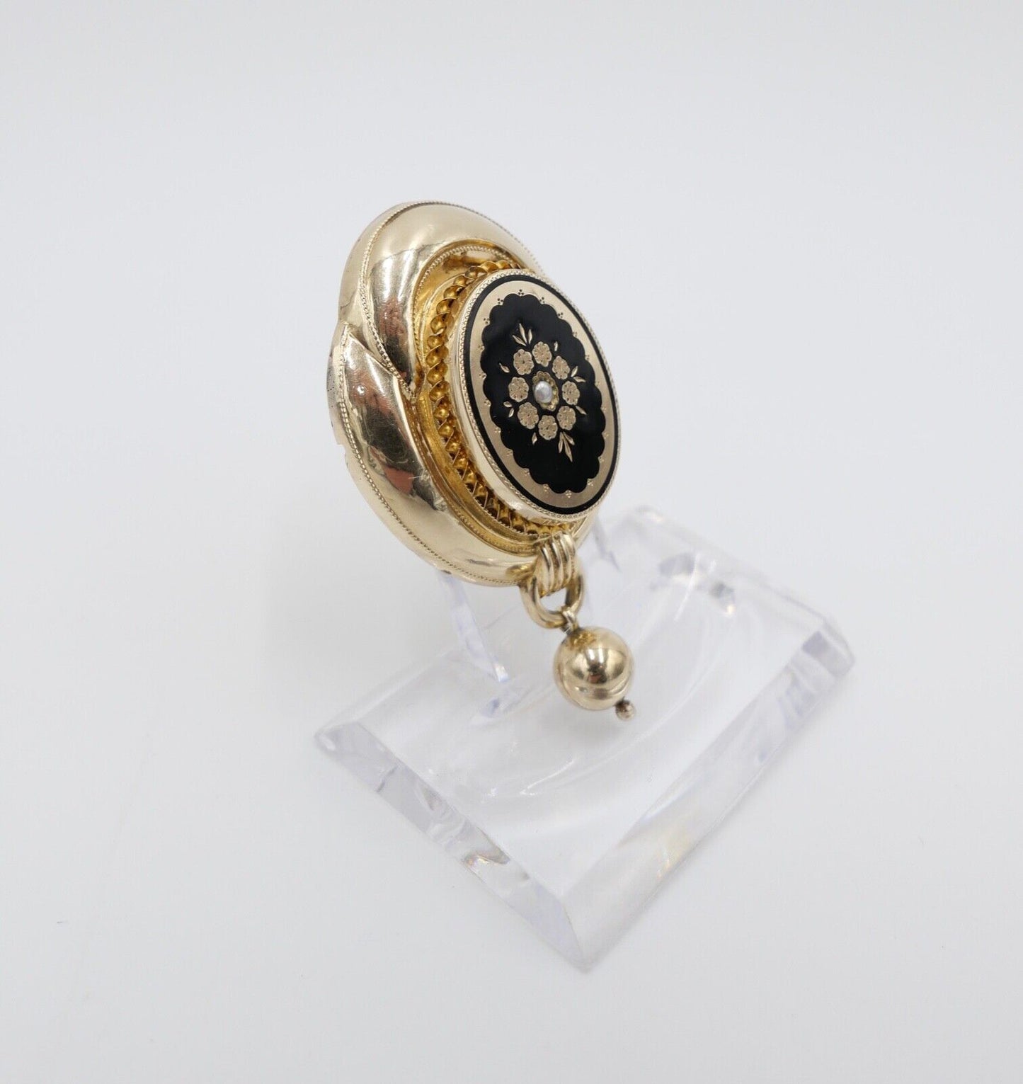 große BIEDERMEIER um 1840 antike Brosche 585 / 14K Schaumgold Saatperle ONYX