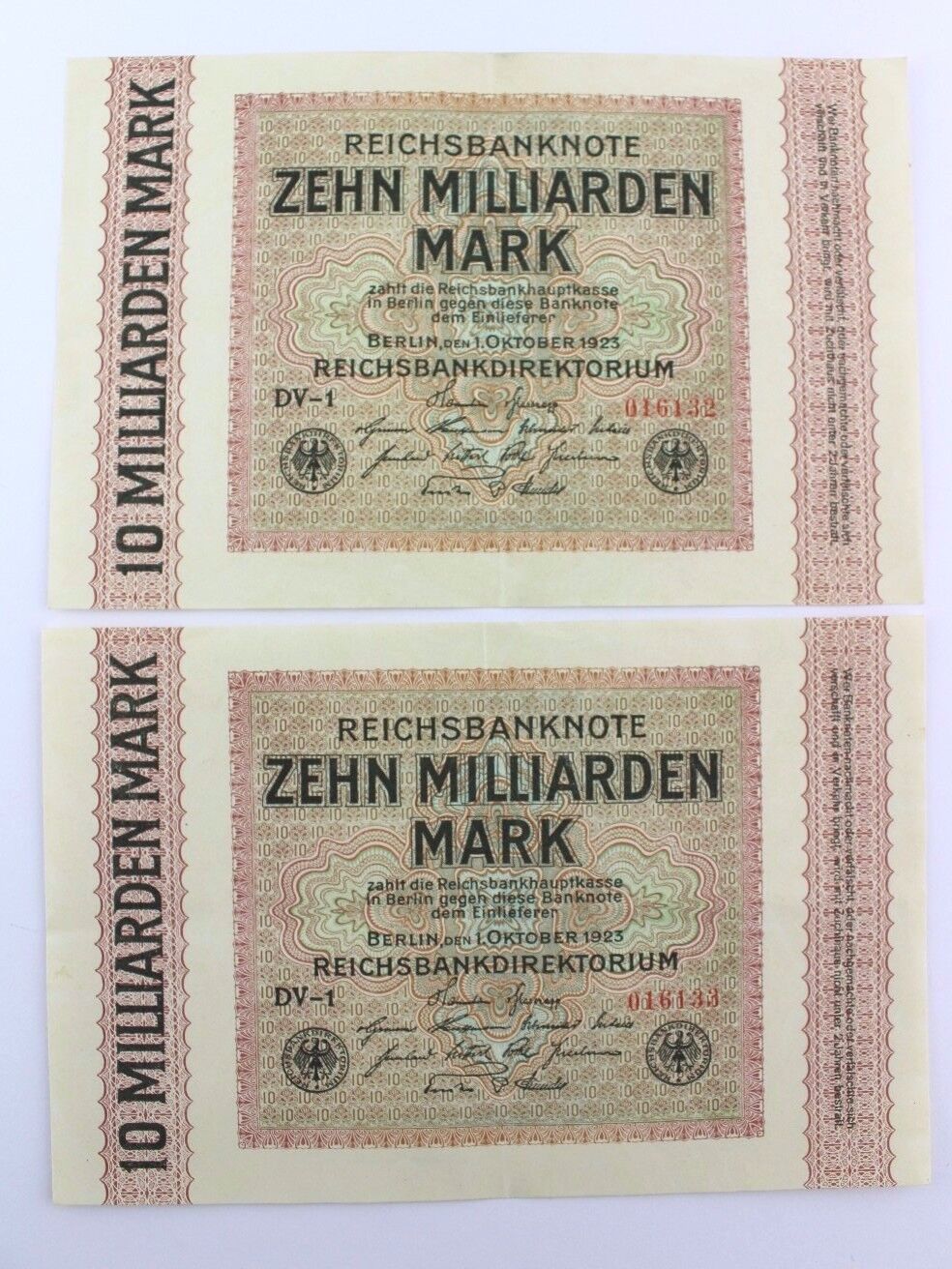 2x Ro. 114a Banknote 10 Milliarden Mark fortlaufende Nummer 1923 TOP old Bill