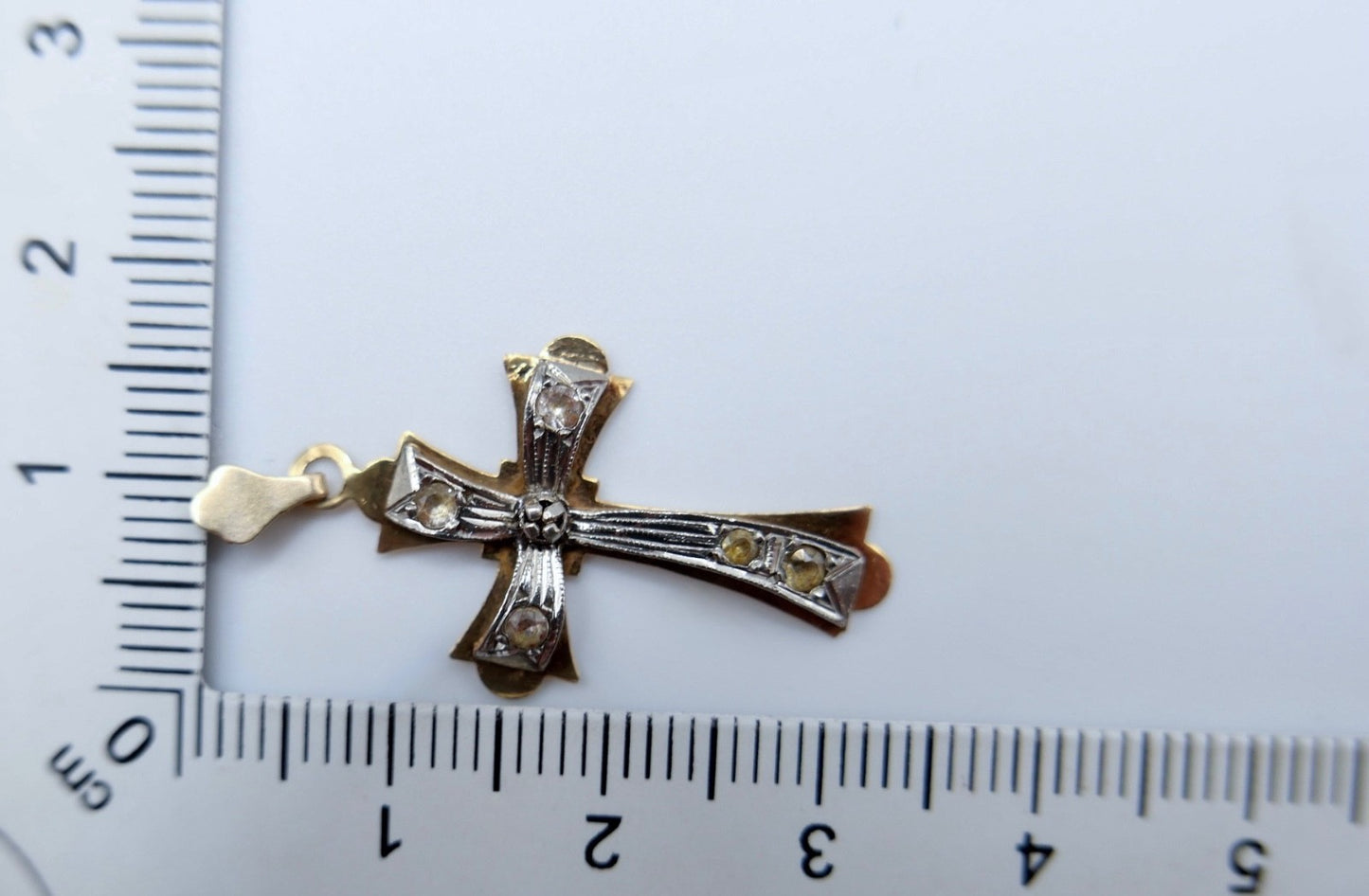 Antiker Kreuz Anhänger 585 Gold Gelbgold  / Weißgold Glassteine 14K