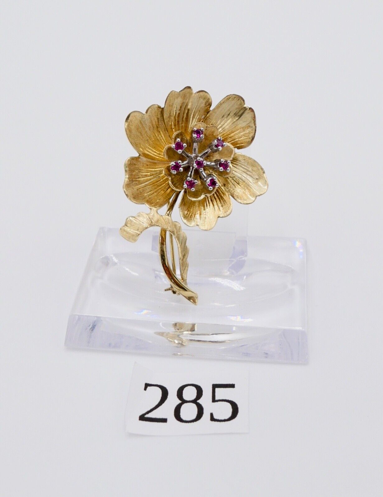 Massive Florale Gold Brosche mit Rubin 585 / 14K  Blume Ø 46mm 0,28 Ct 