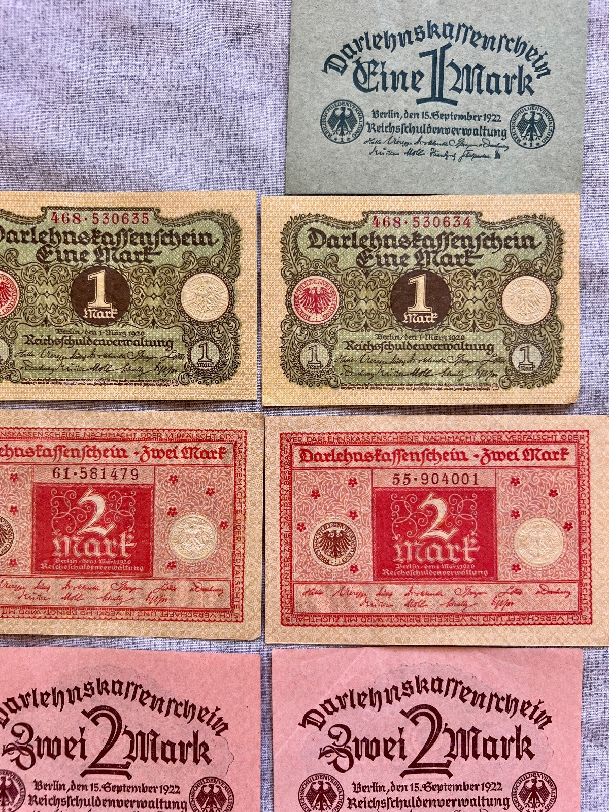 9x  1  & 2 Mark Darlehnskassenschein Banknote 1920 & 1922 UNC Ro. 73 74 64 65