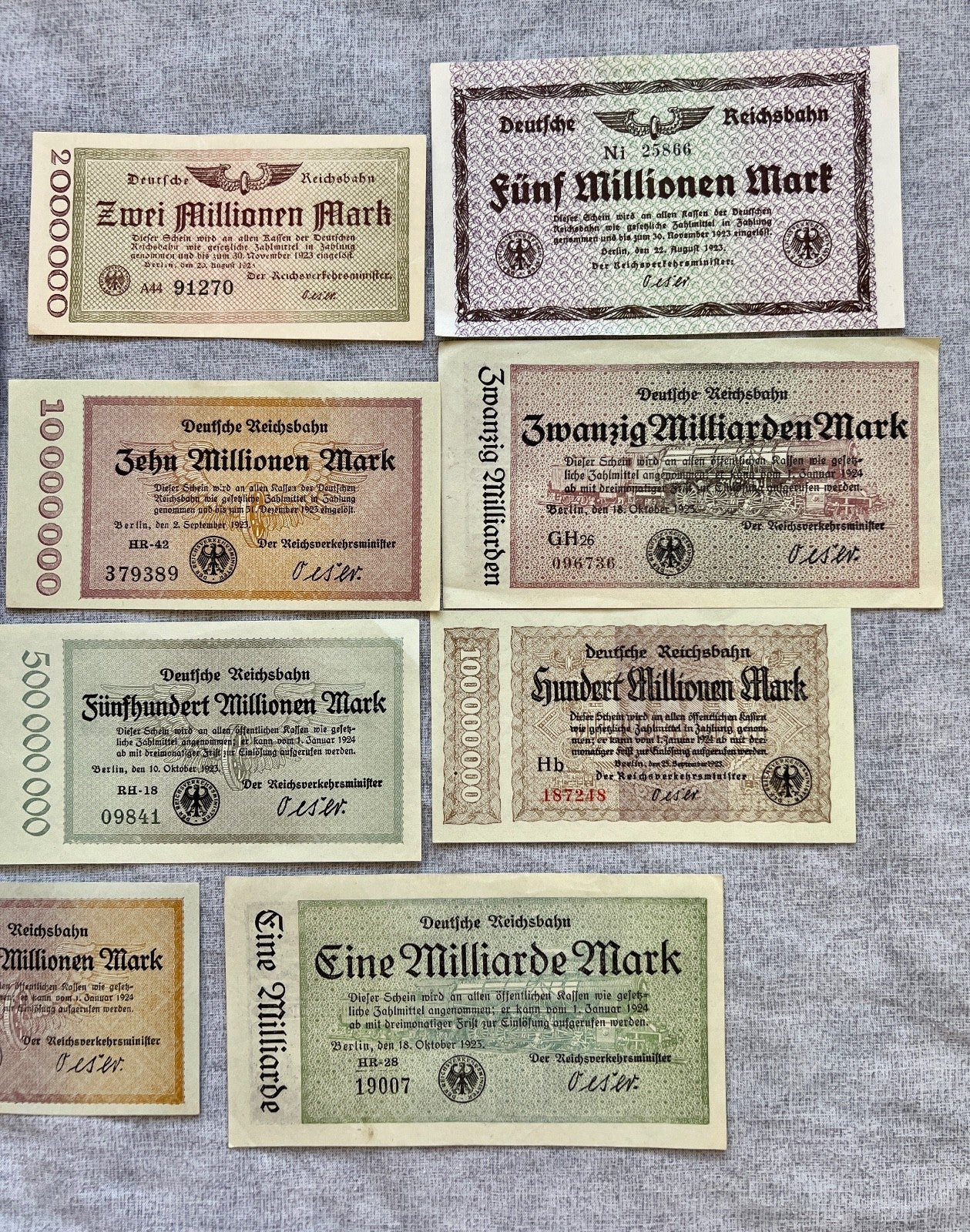 Posten 11x Inflation Geldscheine Banknoten Mio Mrd Mark UNC Reichsbahn Berlin