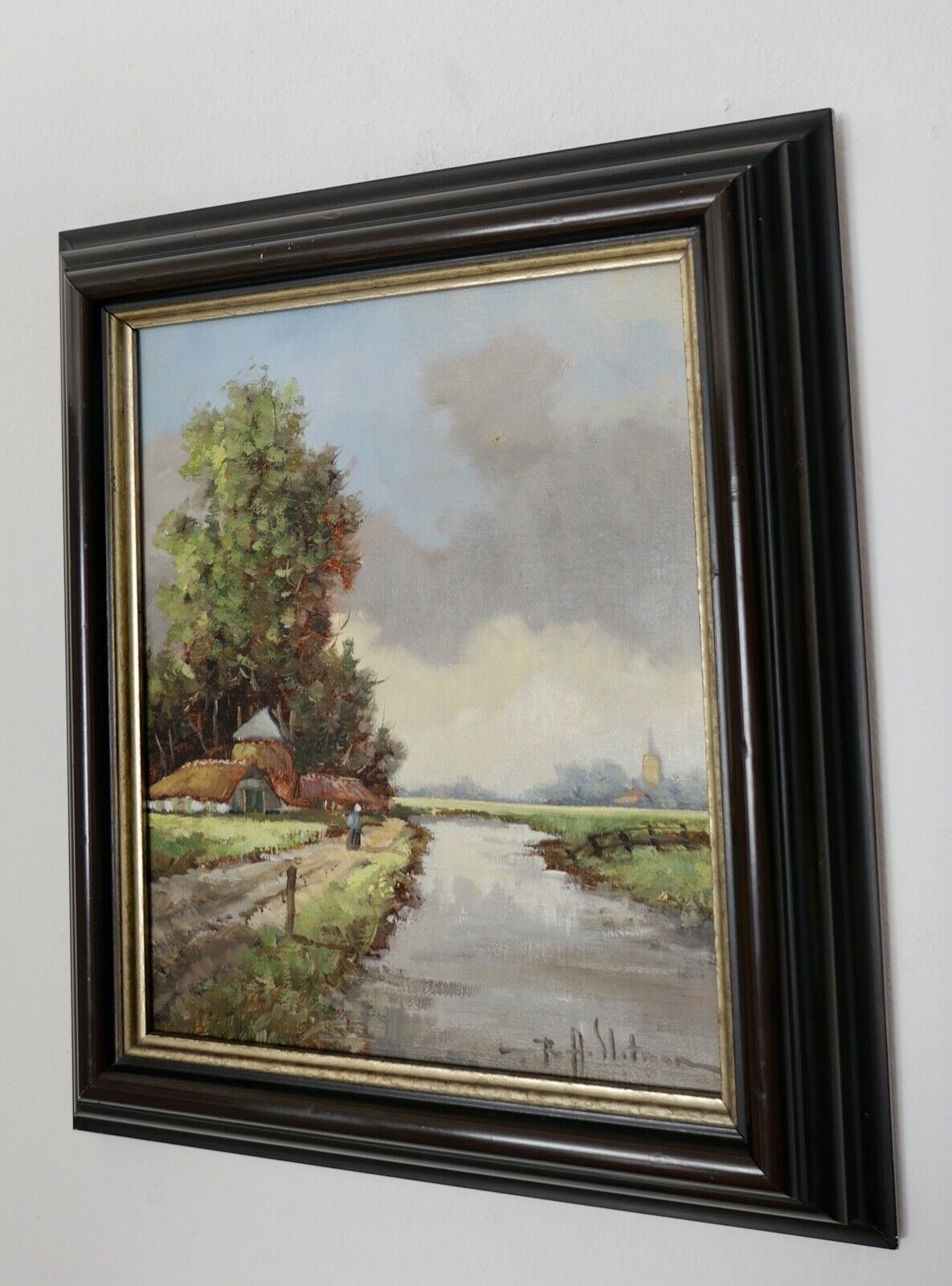 kleines Ölgemälde Niederlande B.H. Slotman Landschaft 32x27cm Leinwand