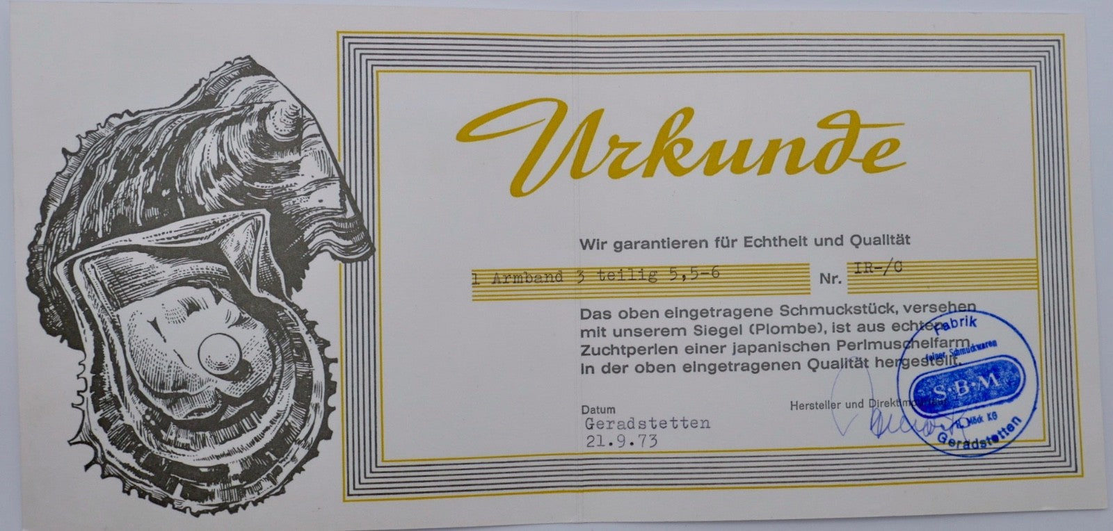 3-reihiges Perlenarmband 585 Weißgold Saphire 18 cm SBM 1973 Zertifikat Urkunde