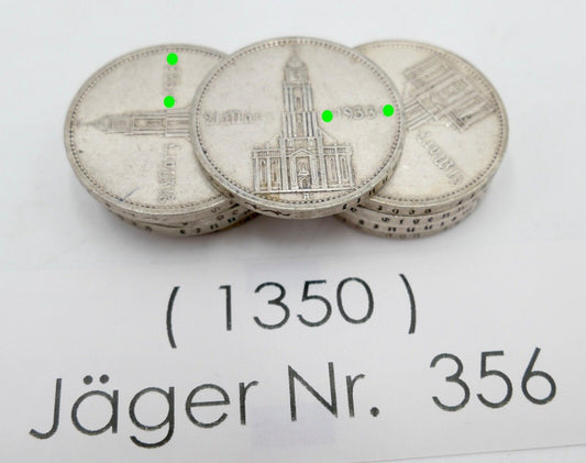 9x 5 Reichsmark 900 Silbermünzen J. 356 Garnisonskirche Datum 1934 aus Münzrolle