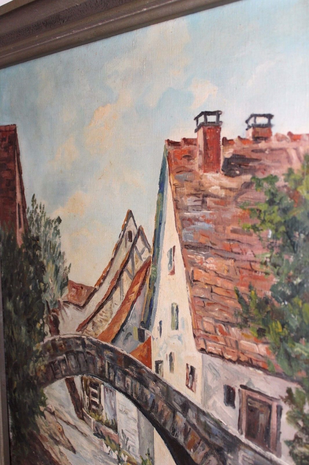 Großes Ölgemälde oil painting Dorf Bach Enten Brücke Wasser