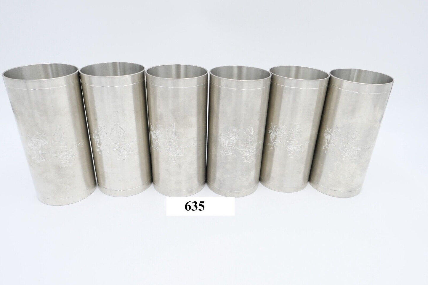 NEUwertig 6 Stück Royal SELANGOR PEWTER Zinn Tinn Becher Palmen Meer