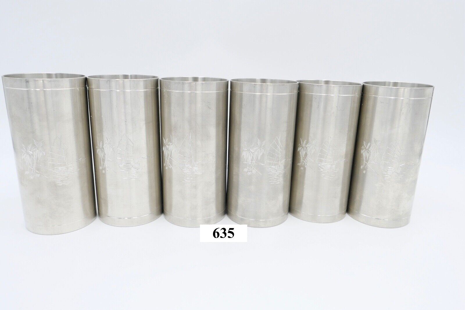 NEUwertig 6 Stück Royal SELANGOR PEWTER Zinn Tinn Becher Palmen Meer