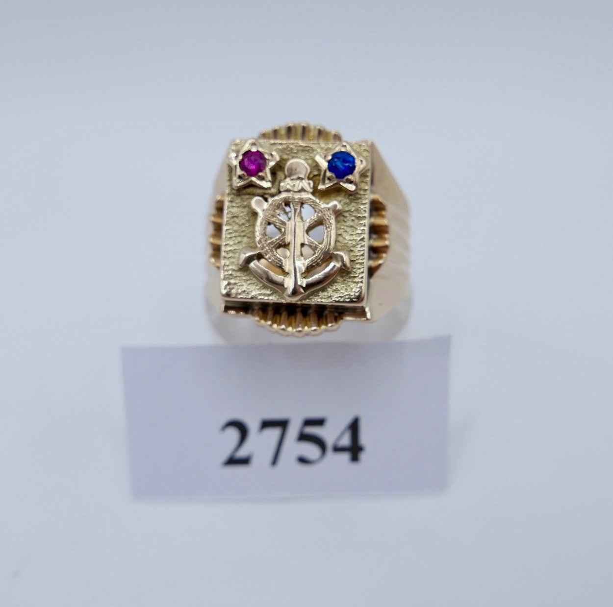 Herrenring 14K Gelbgold Anker Steuerrad Rubin Saphir Nautisch Gr.61 Seefahrt 585