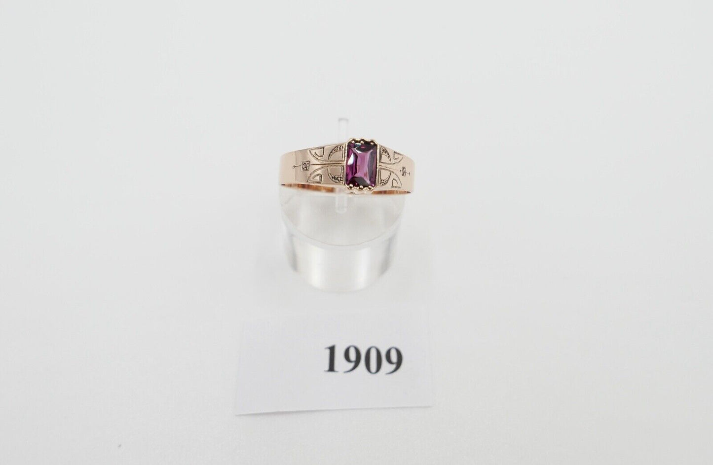 antiker Ring um 1890  handgraviert mit pinkem Granat 585 / 14K Rosegold Gr. 70