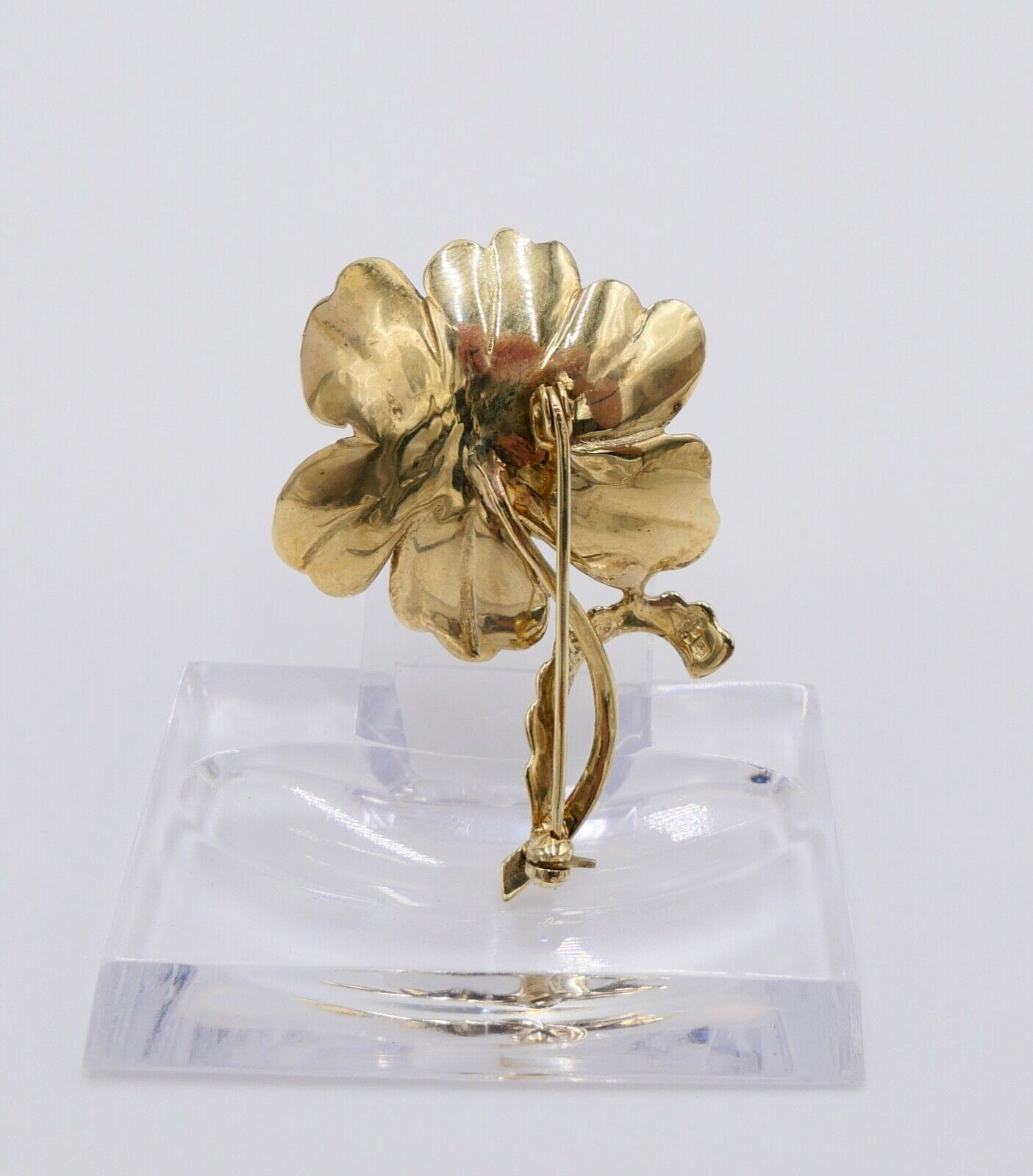 Massive Florale Gold Brosche mit Rubin 585 / 14K  Blume Ø 46mm 0,28 Ct 