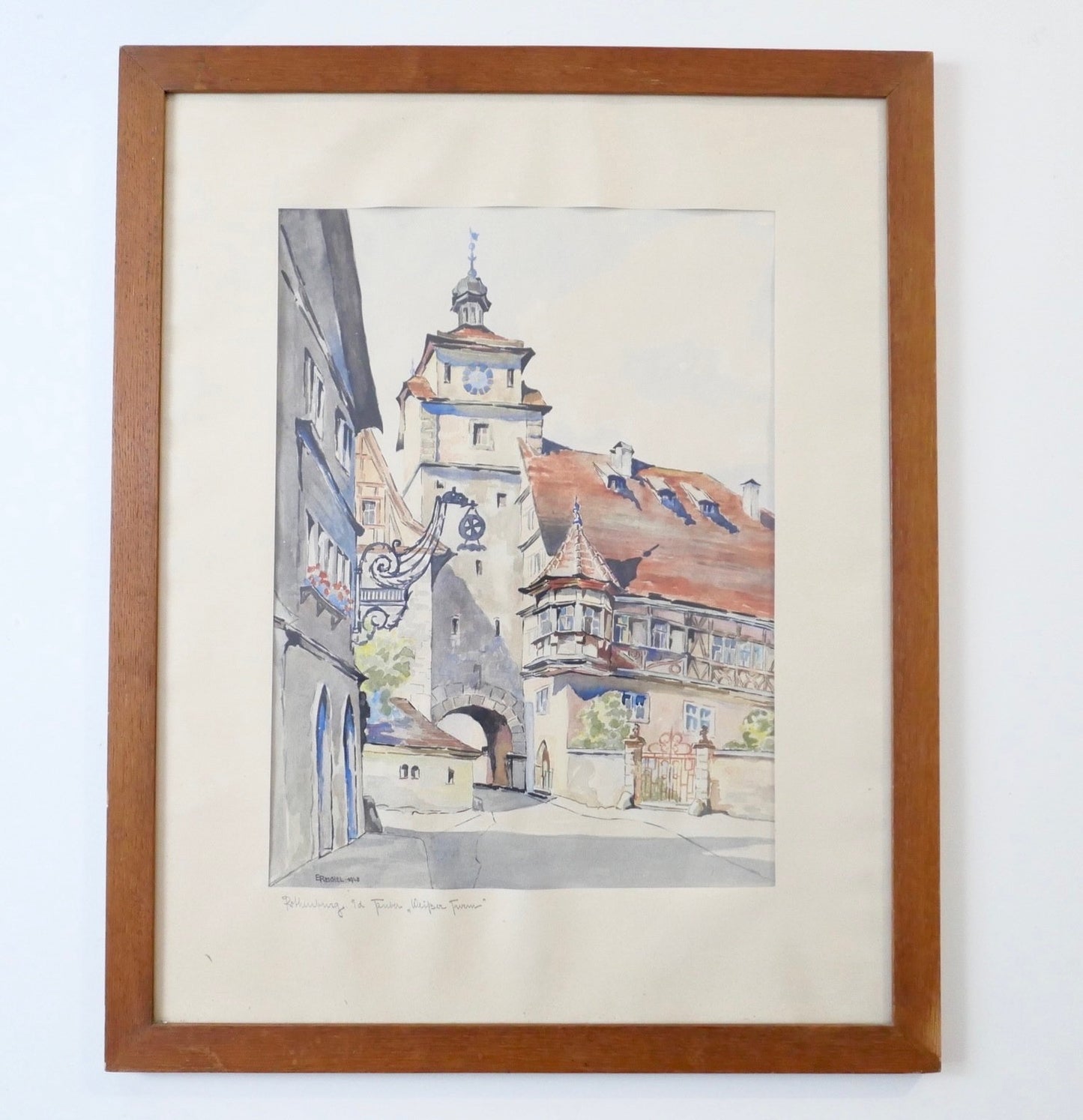 E. REICHEL Original Aquarell 1943 Rothenburg Weißer Turm signiert Unikat