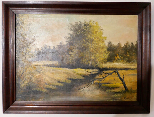 Ölgemälde 69x53cm Landschaft signiert Wald Bach Leinwand 