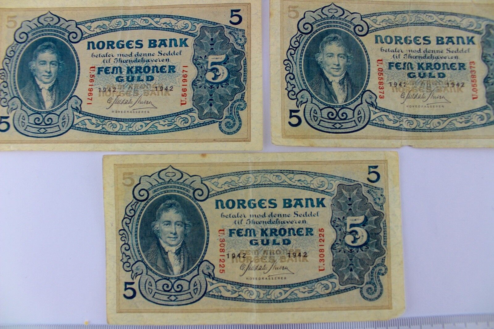 3x Banknote 5 KRONER 1942 Norwegen  old bill Norway Norges Bank FEM GULD