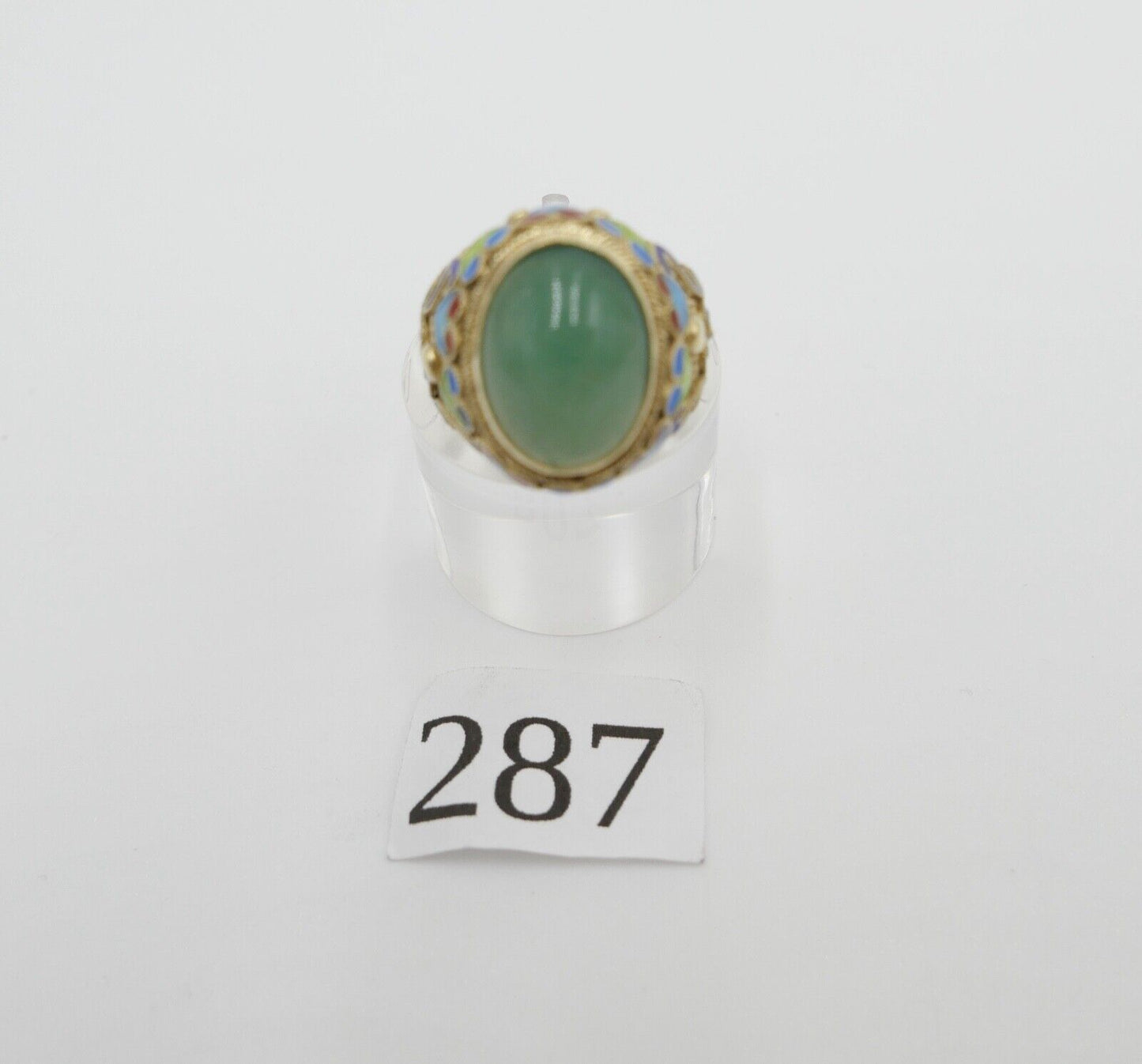 Alter Silber Ring China Silver Emaille & Jade Cabochon Email Gr. 51 vergoldet 