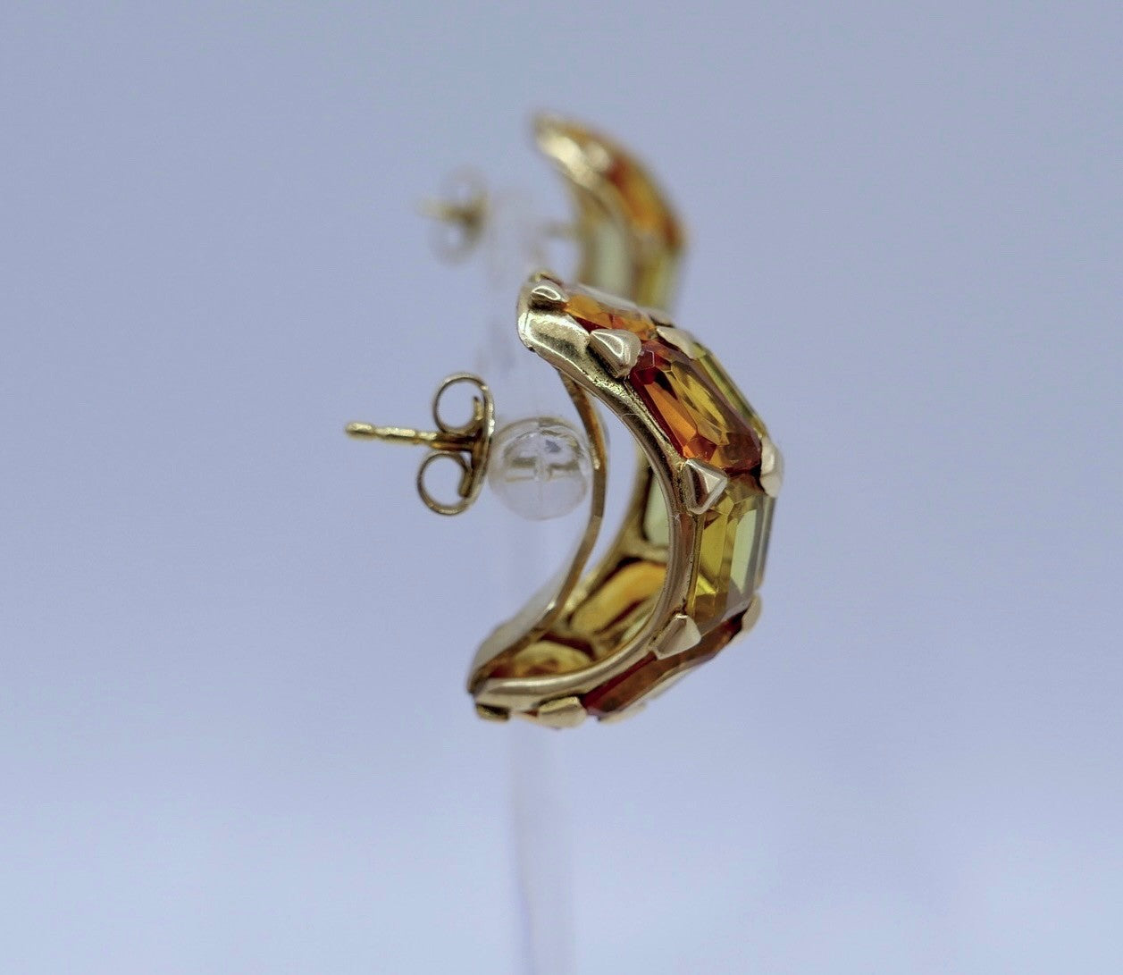 Massive 18k 750 Gold Creolen mit Citrin Ohrringe Gelbgold 1980er