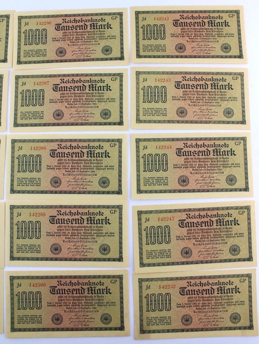 15x Ro. 75d Banknote 1000 Mark 1922 TOP Kassenfrisch fortlaufende Nr old Bill