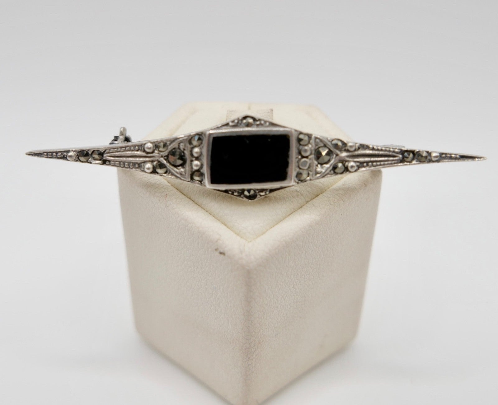 Silber Brosche Art Déco Markasit & Onyx um 1930 Sterling 925 antik