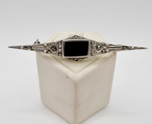Silber Brosche Art Déco Markasit & Onyx um 1930 Sterling 925 antik