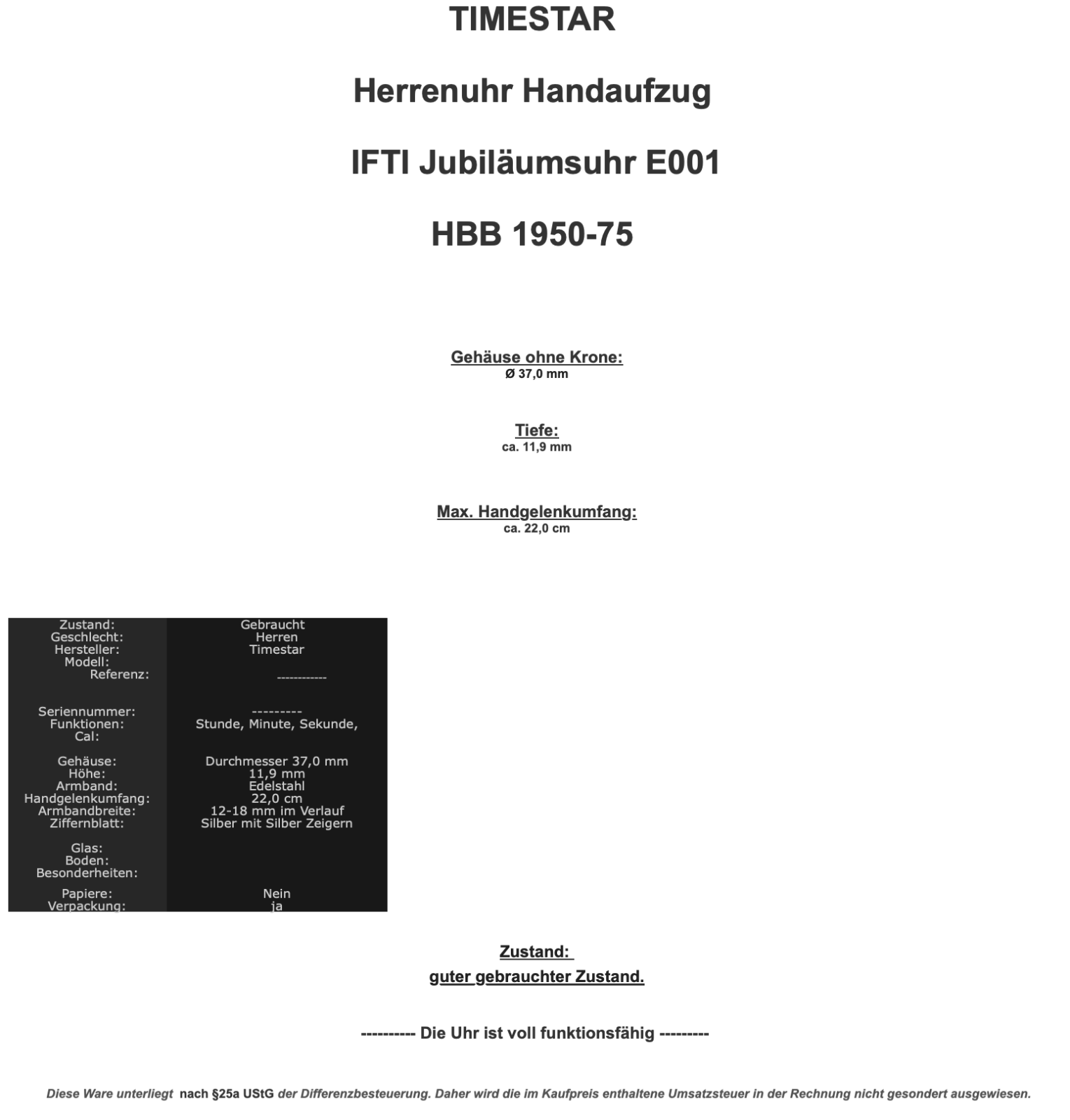 TIMESTAR HBB 1950-75 Herrenuhr Handaufzug IFTI Jubiläumsuhr E001