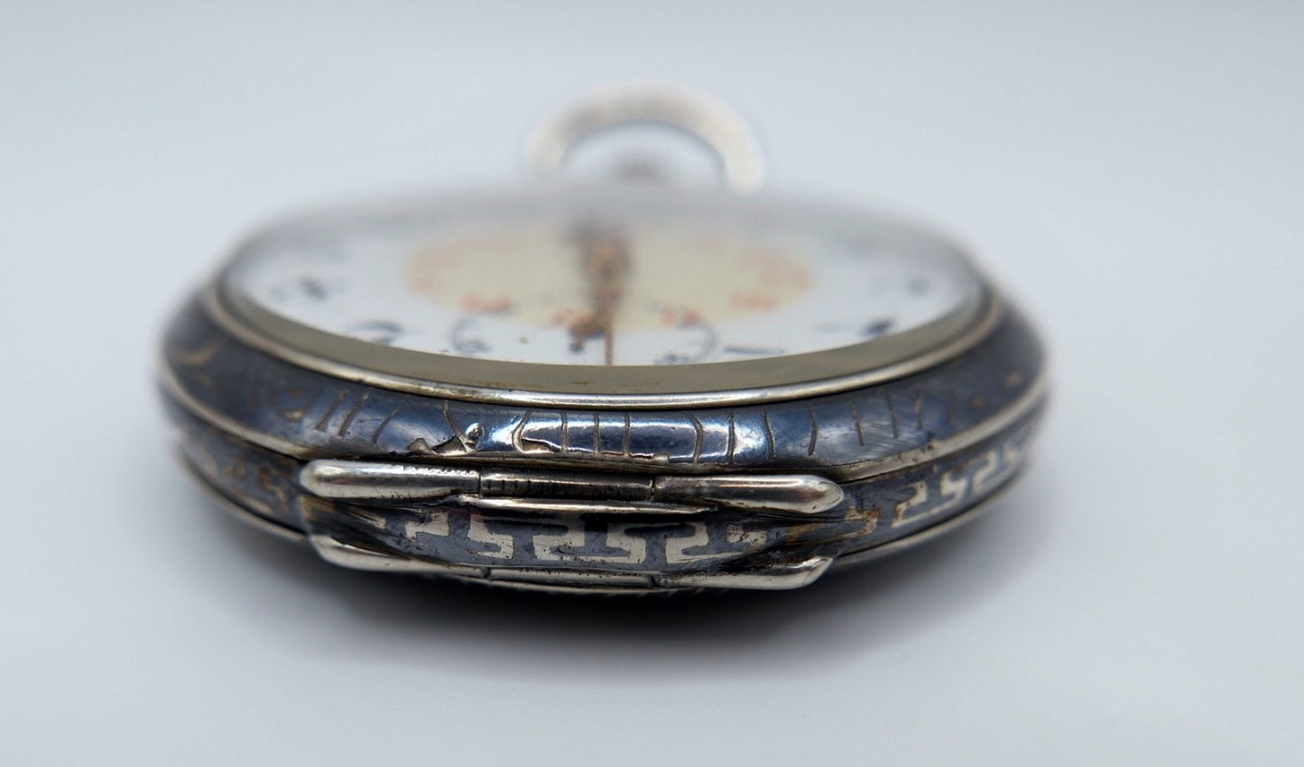 Antike Taschenuhr Emaille 50mm open face 800 Silber damasziniert Monogramm FS