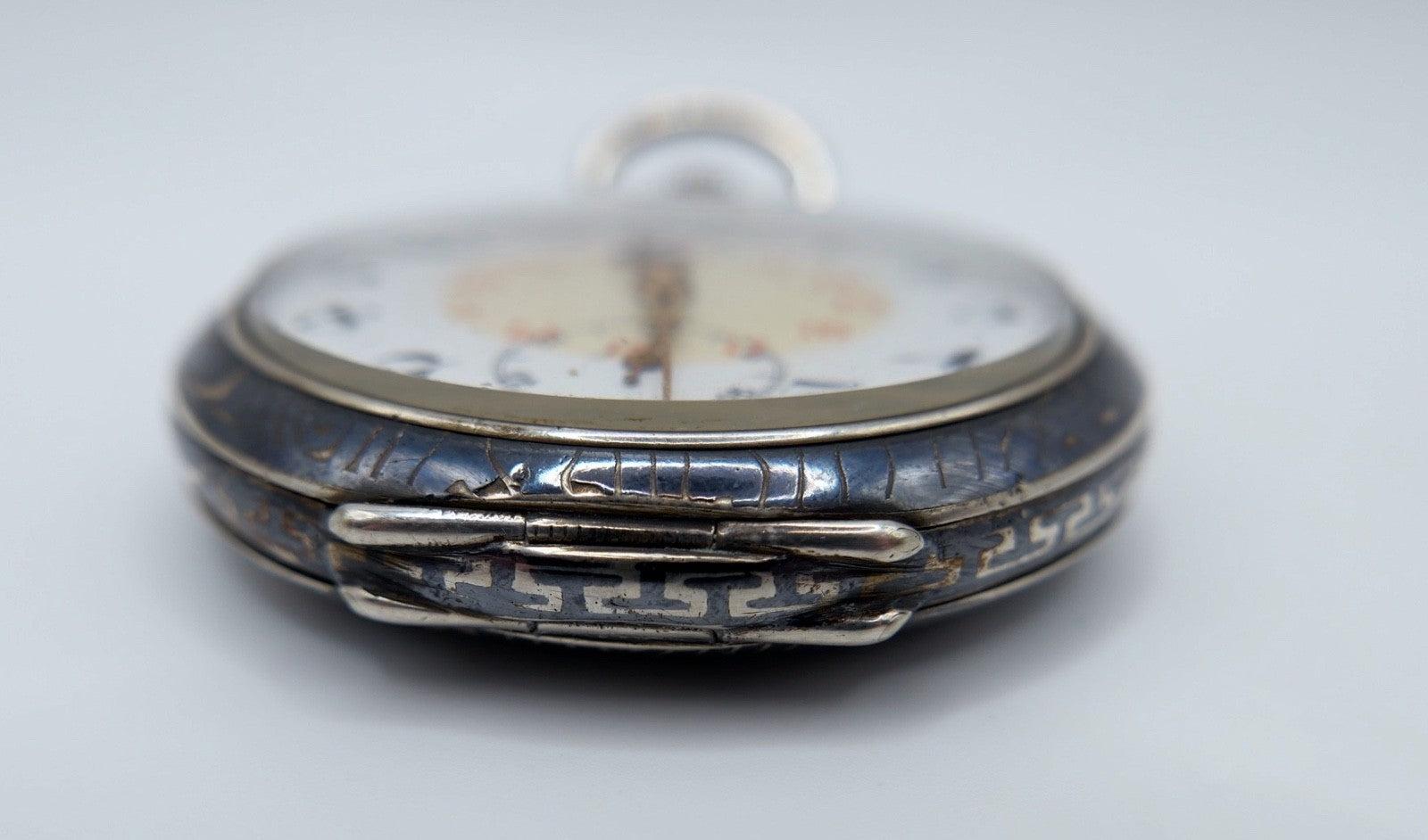 Antike Taschenuhr Emaille 50mm open face 800 Silber damasziniert Monogramm FS