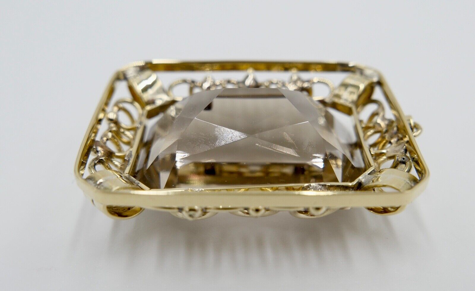 XXL Rauchquarz Anhänger 585 / 14K Gelbgold 40x31mm im Scheren Schliff 68,7 Ct