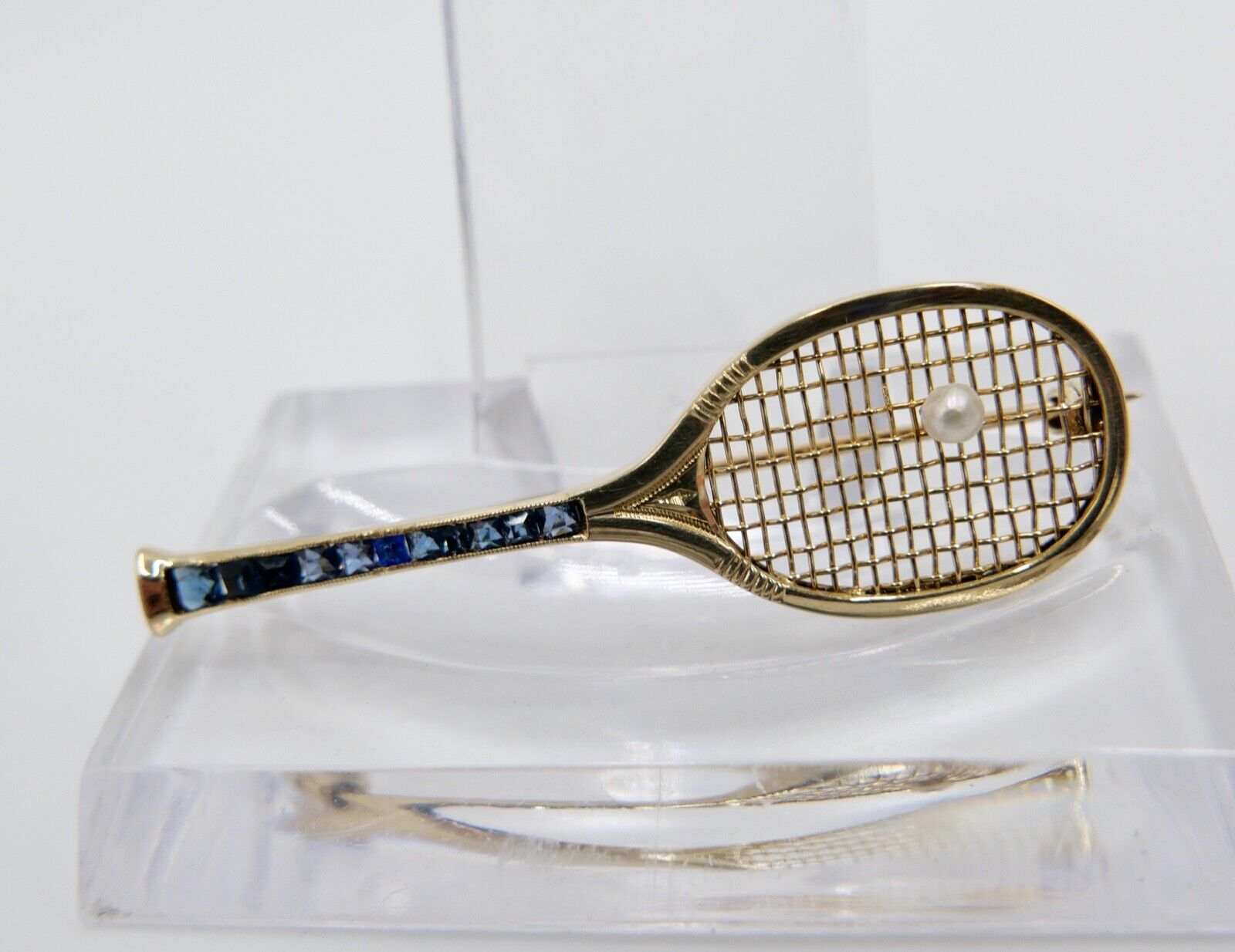 90er Jahre Brosche Tennis Perle Akoya Spinell blau 750 / 18K Stabbrosche 