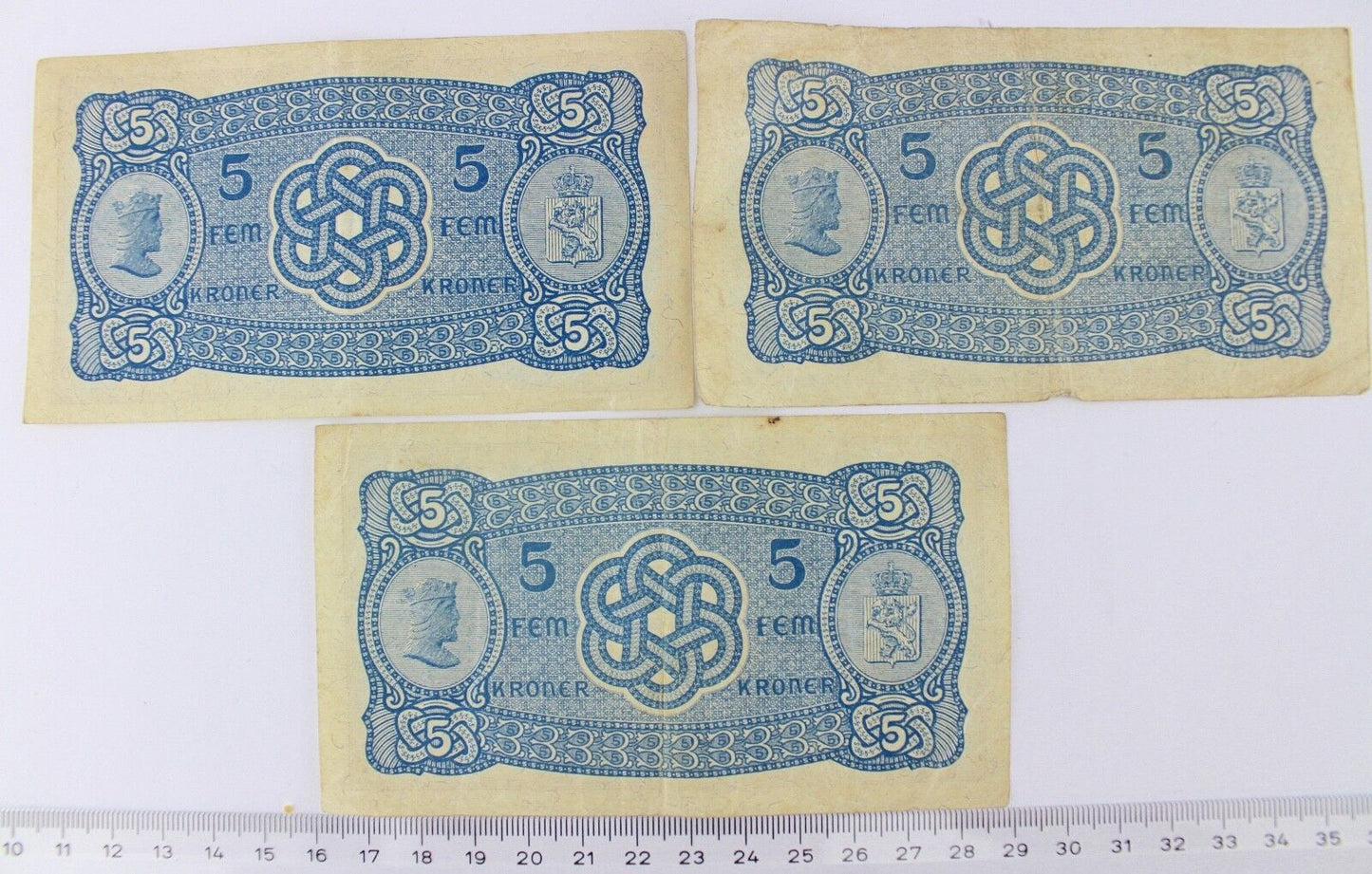 3x Banknote 5 KRONER 1942 Norwegen  old bill Norway Norges Bank FEM GULD