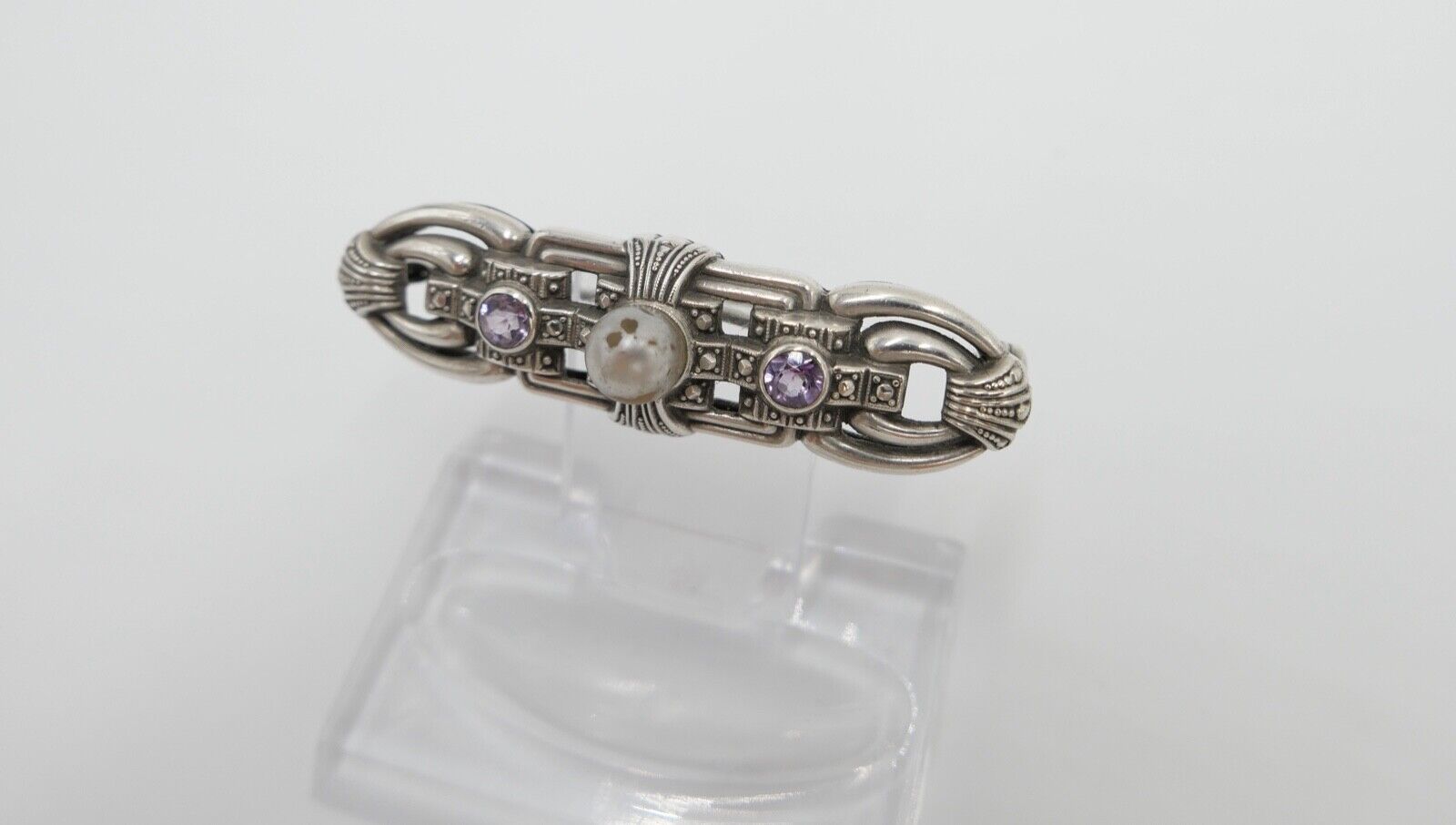 20er 30er Jahre Art Deco Silber 835 Brosche 53 mm mit lila Amethyst und Perle