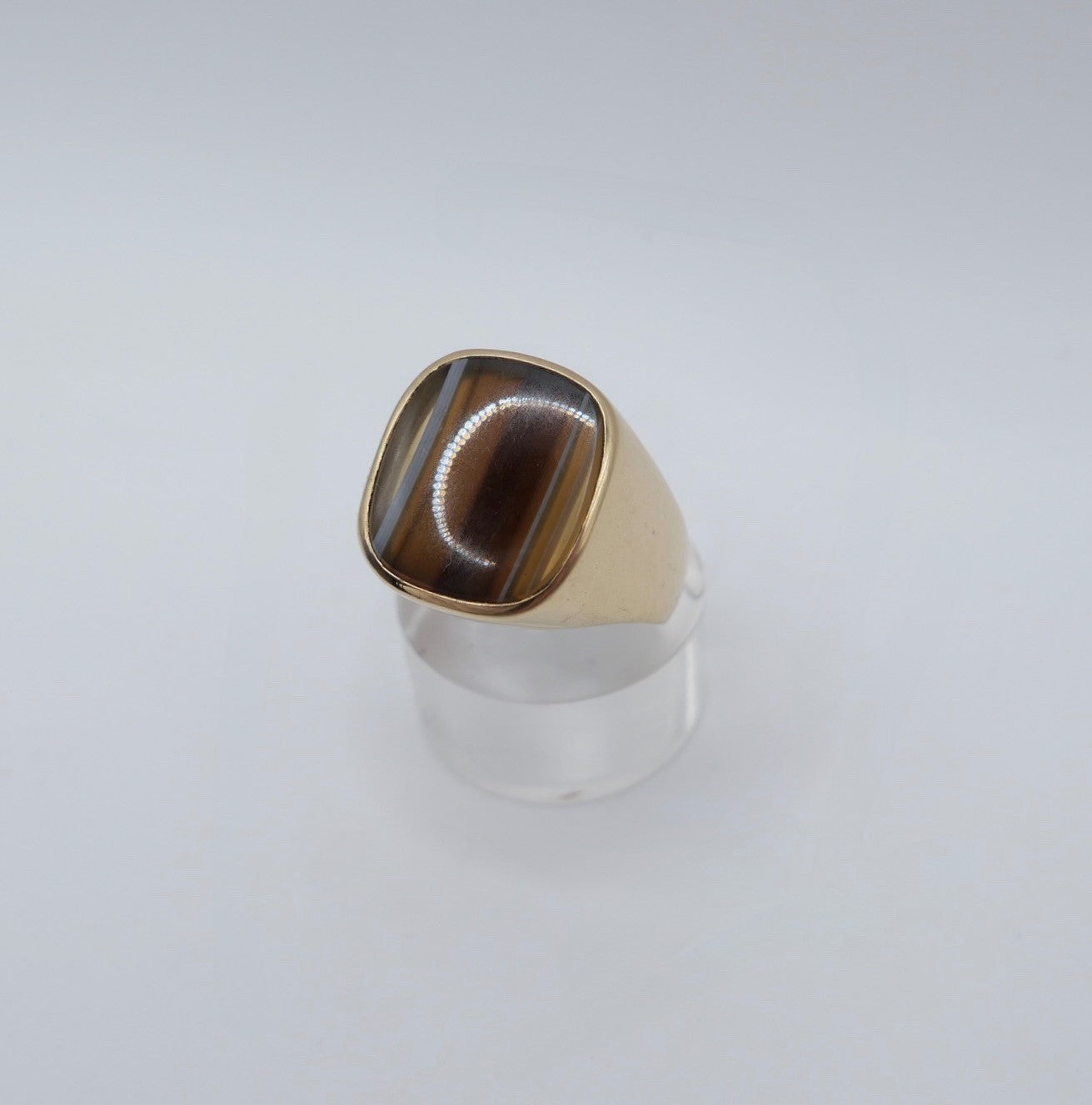 1980er Herren Goldring 750er Gelbgold mit Lagenachat Siegelring 18K Gr. 64 / 65