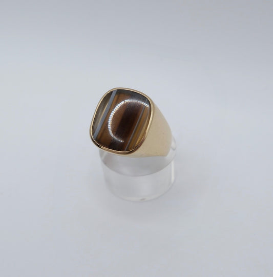 1980er Herren Goldring 750er Gelbgold mit Lagenachat Siegelring 18K Gr. 64 / 65