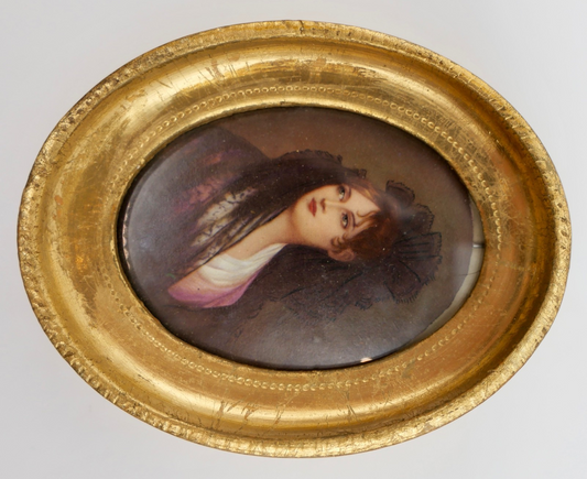 altes Miniatur Damen Portrait vergoldeter Holz Rahmen Florentiner Art Ø 9,2 cm