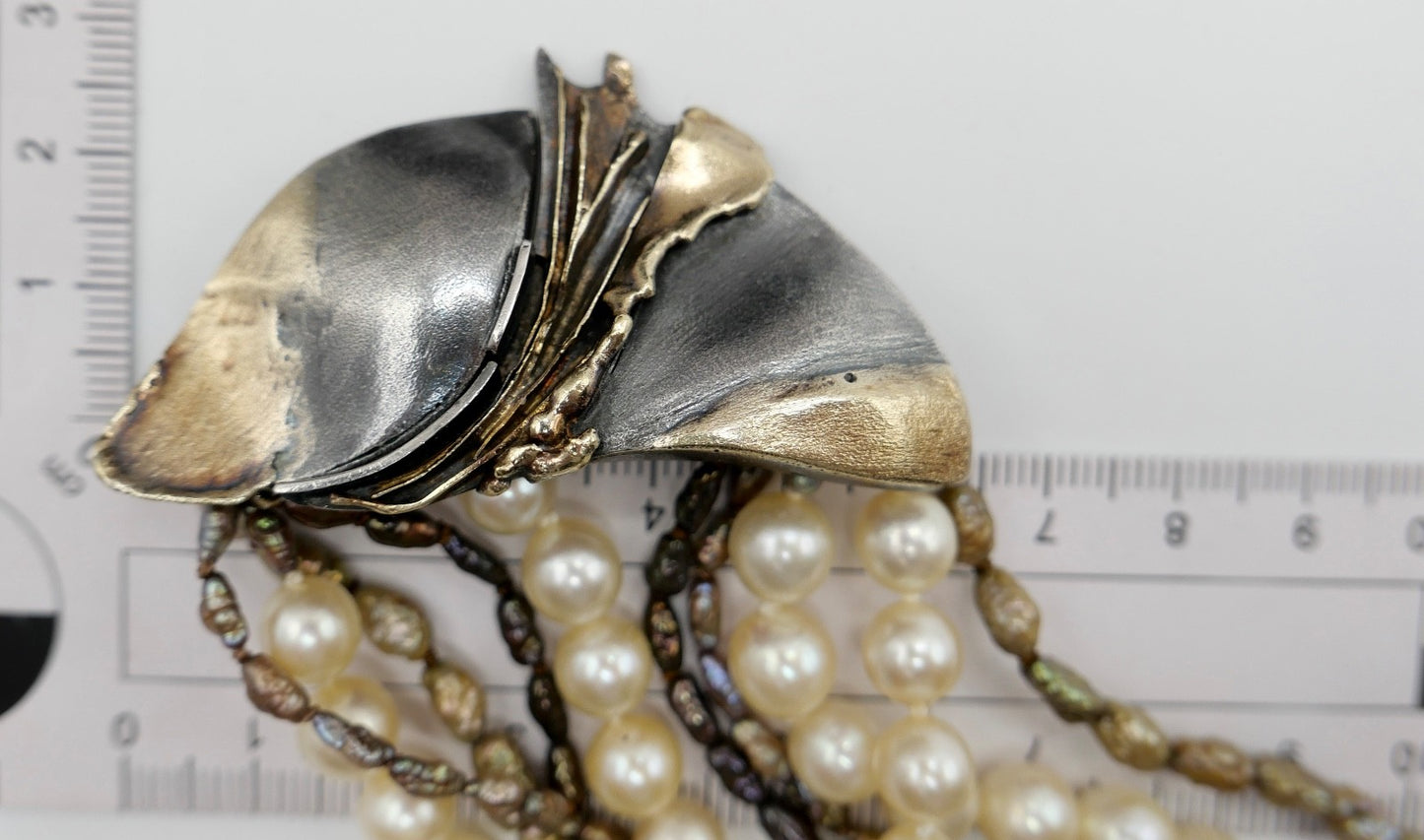 80er Perlenkette Collier 5-reihig 925 Silber vergoldet Schmetterlingsverschluss