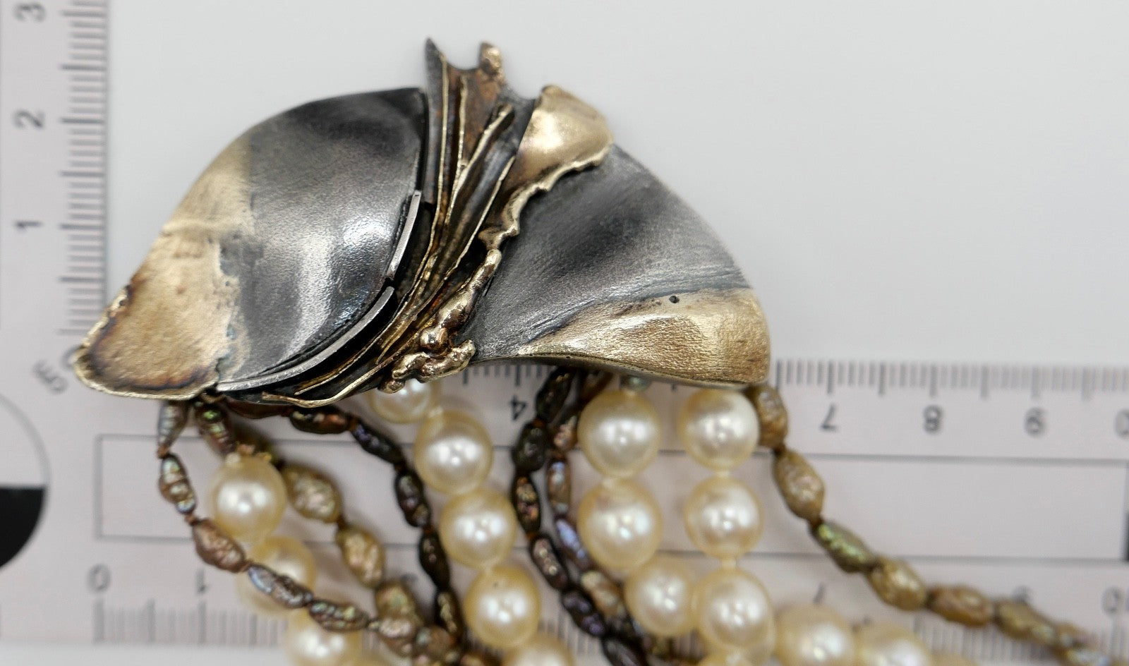 80er Perlenkette Collier 5-reihig 925 Silber vergoldet Schmetterlingsverschluss