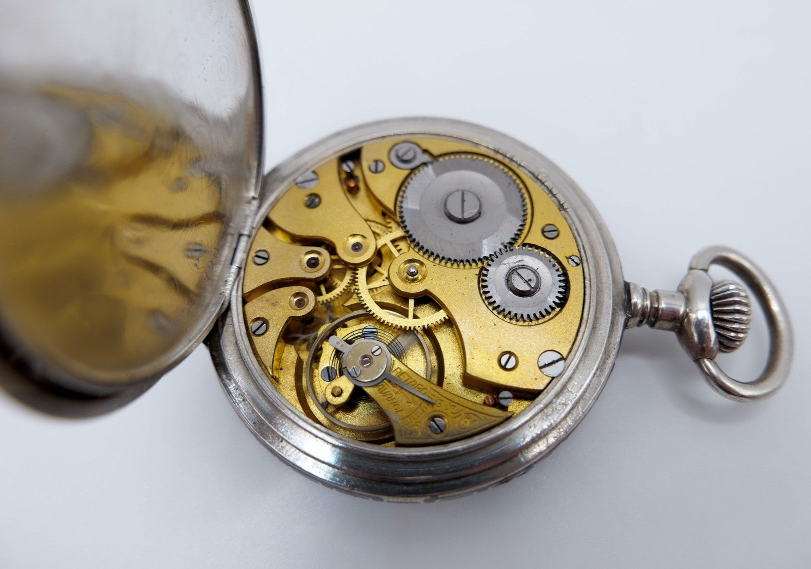 Antike Taschenuhr Emaille 50mm open face 800 Silber damasziniert Monogramm FS