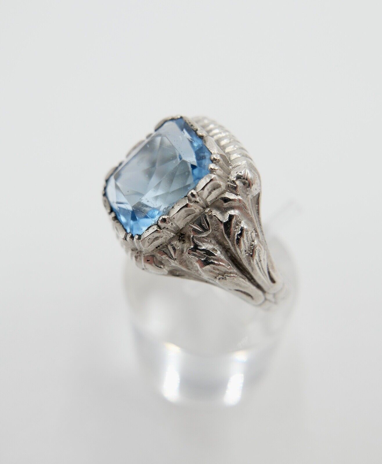 Massiver JUGENDSTIL Herren Damen Ring 835 Silber Gr. 60 floral Glasstein Blau