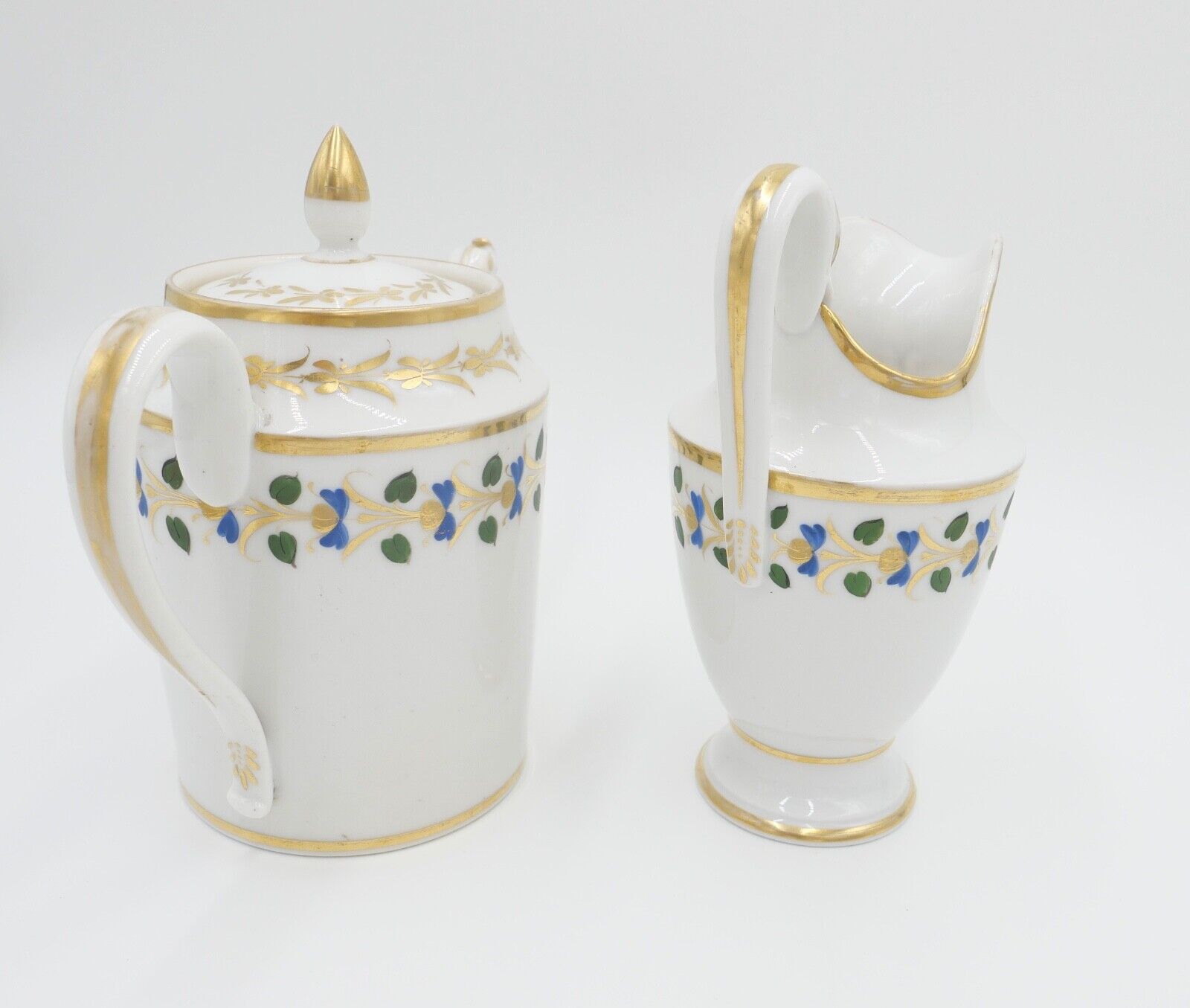 um 1830 antik Biedermeier Porzellan Kaffee & Milchkanne Schwanenhals Goldrand