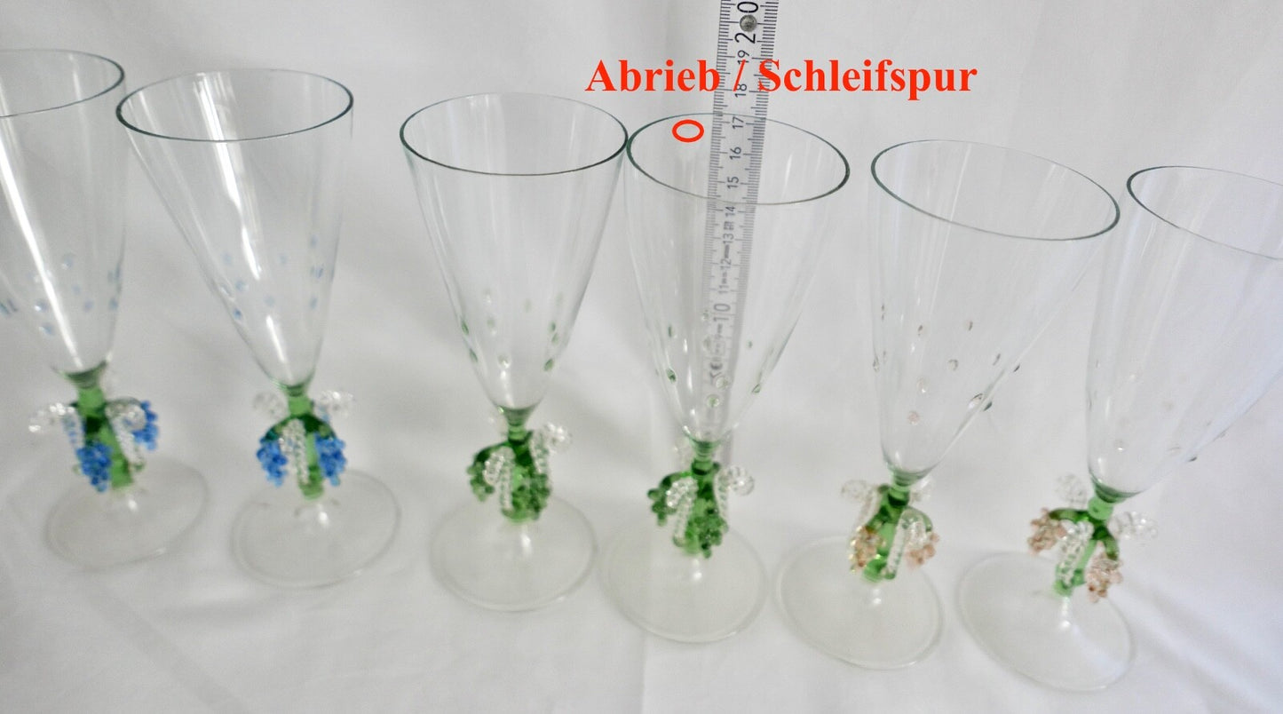 6x Lauscha Bimini Sekt Glas Gläser Set Art Deco 17 cm buntes Traubenmotiv