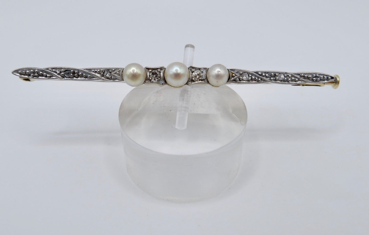Antike Art Déco Stabbrosche 14k 585 Gold Brosche Perlen 0,17 Ctw Diamanten Rosen