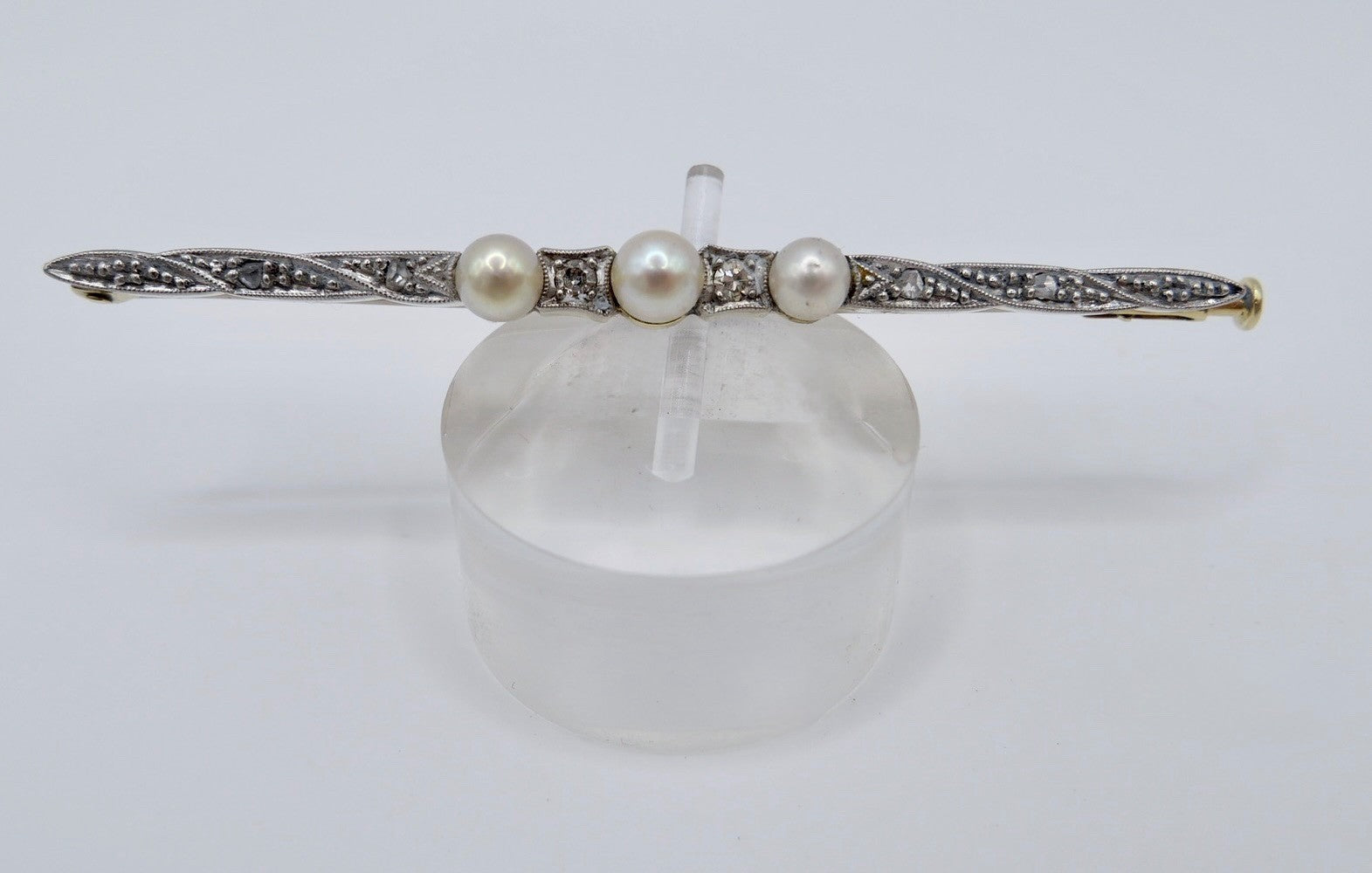 Antike Art Déco Stabbrosche 14k 585 Gold Brosche Perlen 0,17 Ctw Diamanten Rosen
