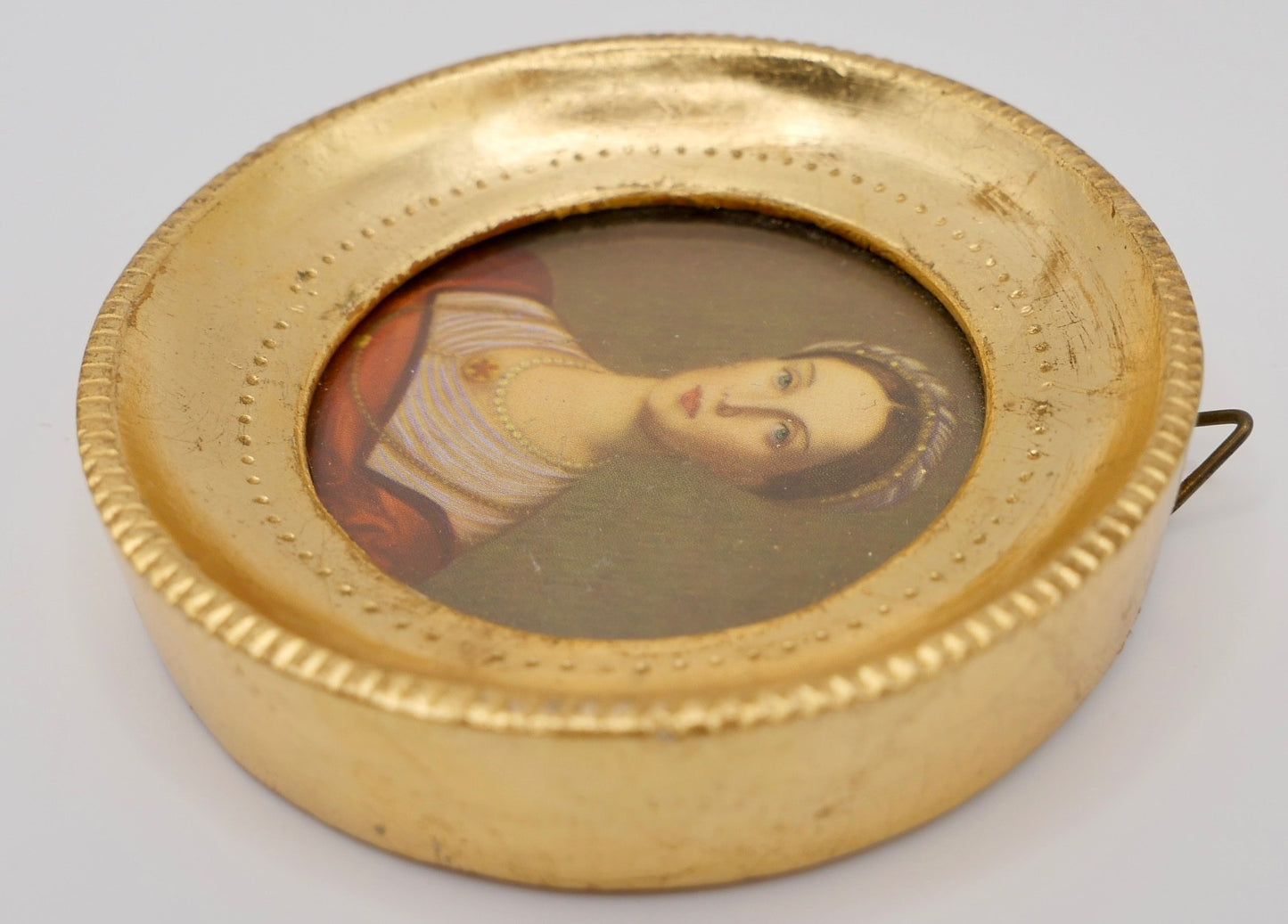 altes Miniatur Damen Portrait vergoldeter Holz Rahmen Florentiner Art Ø 7,5 cm