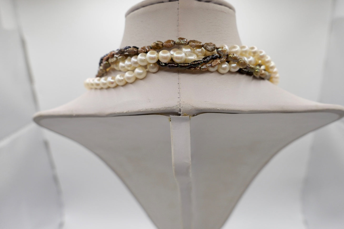 80er Perlenkette Collier 5-reihig 925 Silber vergoldet Schmetterlingsverschluss