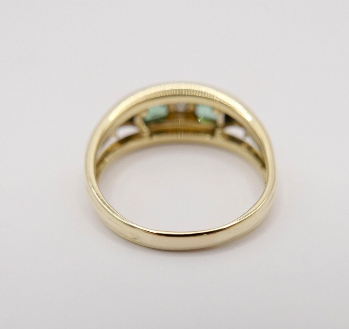 80er Jahre Bicolor Damen Gold Ring 585 14K Brilliant & Turmalin Grün Gr. 58