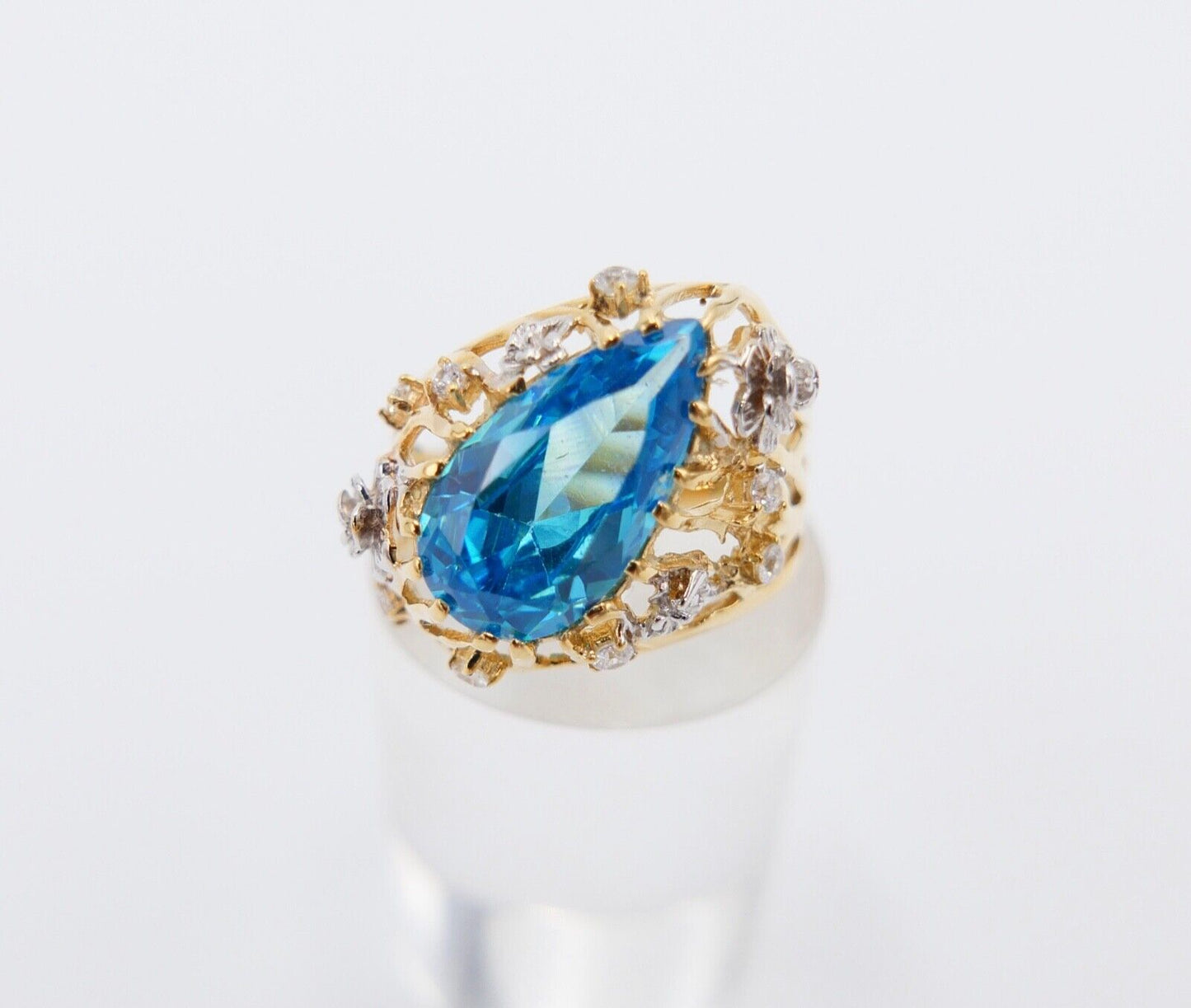 Gelbgold Ring mit Blautopas & Zirkonia 585 14K Gr. 55 im Tropfen Schliff  5,0 Ct