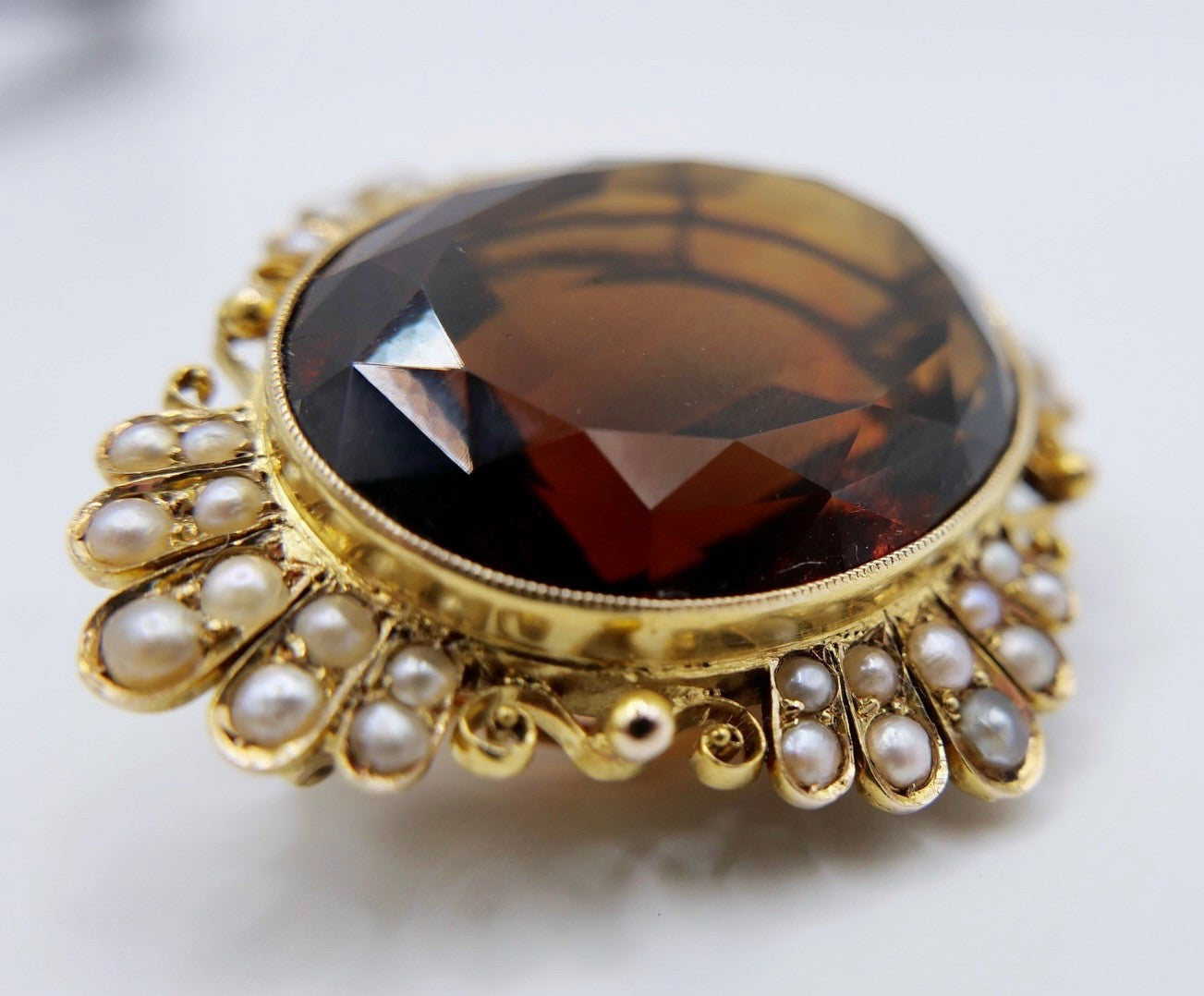 Große antike Brosche Gelbgold 585 14K Rauchquarz Saatperlen viktorianisch 40 ct
