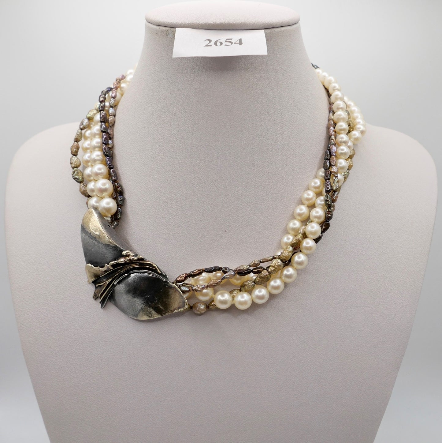 80er Perlenkette Collier 5-reihig 925 Silber vergoldet Schmetterlingsverschluss