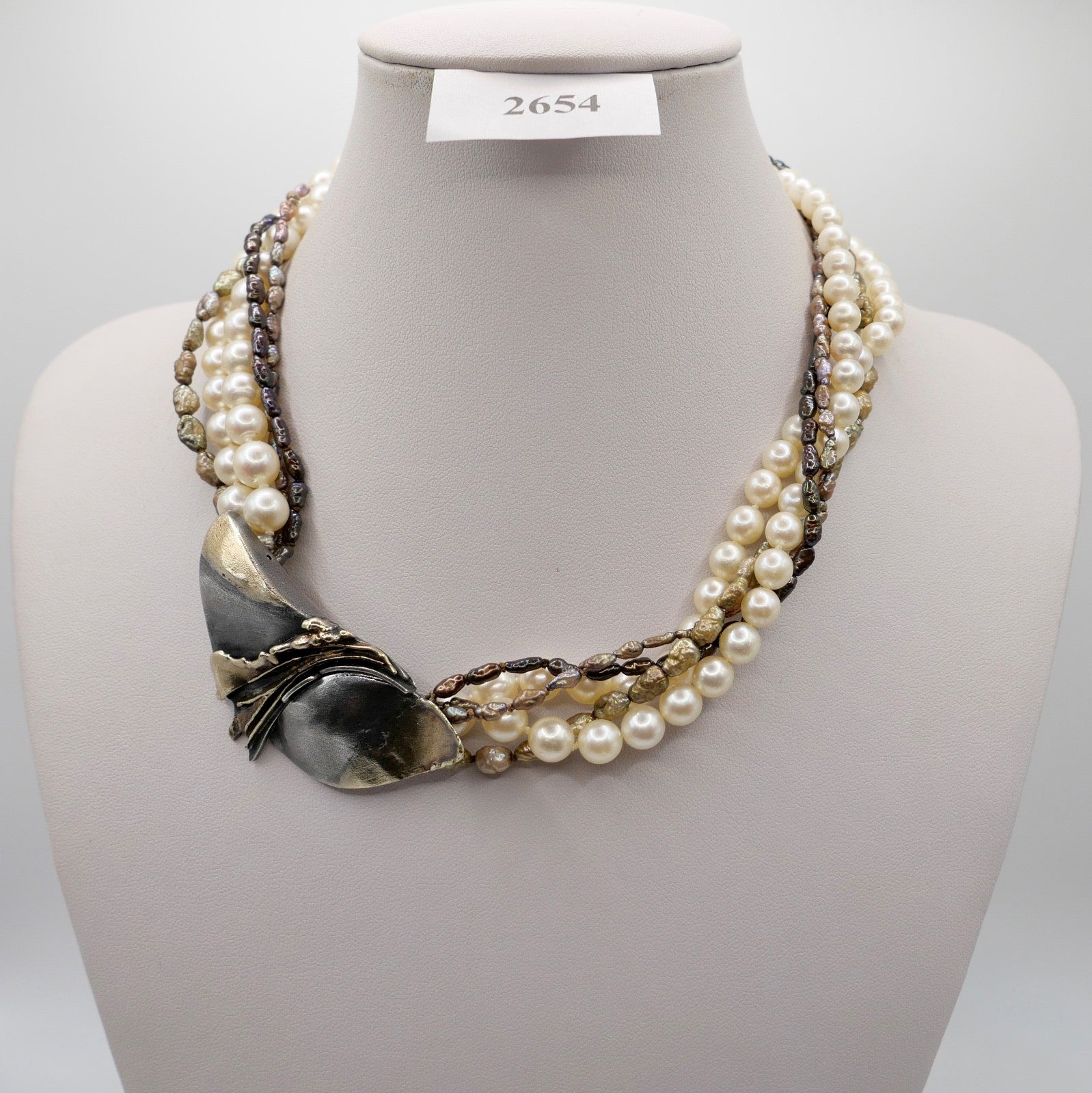 80er Perlenkette Collier 5-reihig 925 Silber vergoldet Schmetterlingsverschluss