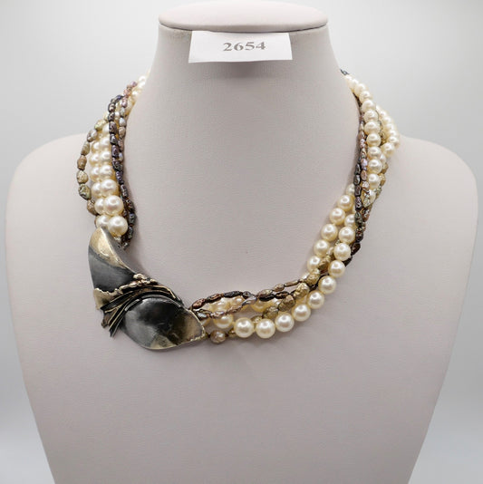 80er Perlenkette Collier 5-reihig 925 Silber vergoldet Schmetterlingsverschluss
