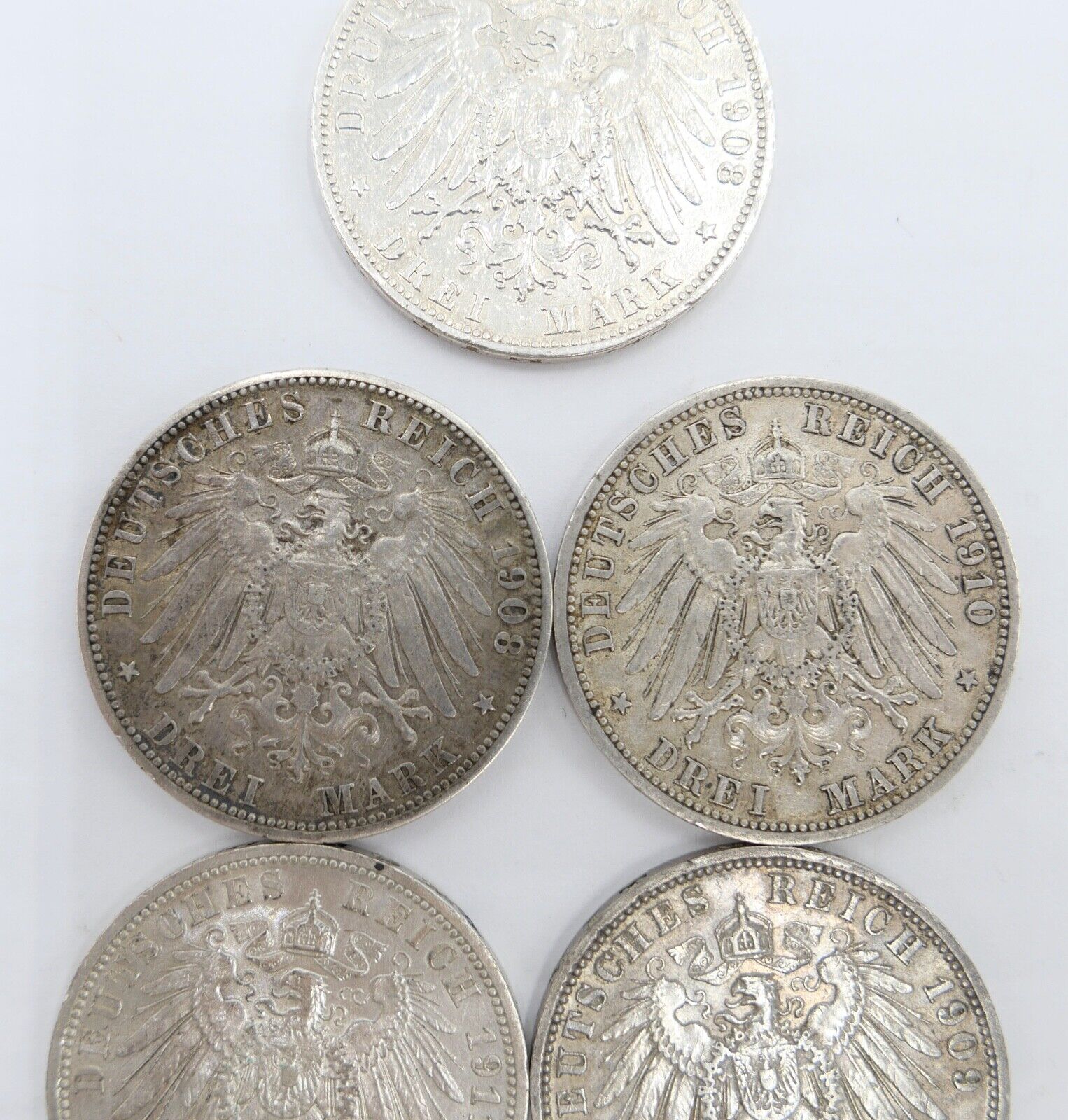 5 Stück 3 Mark 1908 Wilhelm II. Jäger J.103 Dt. Kaiserreich Silber Preussen